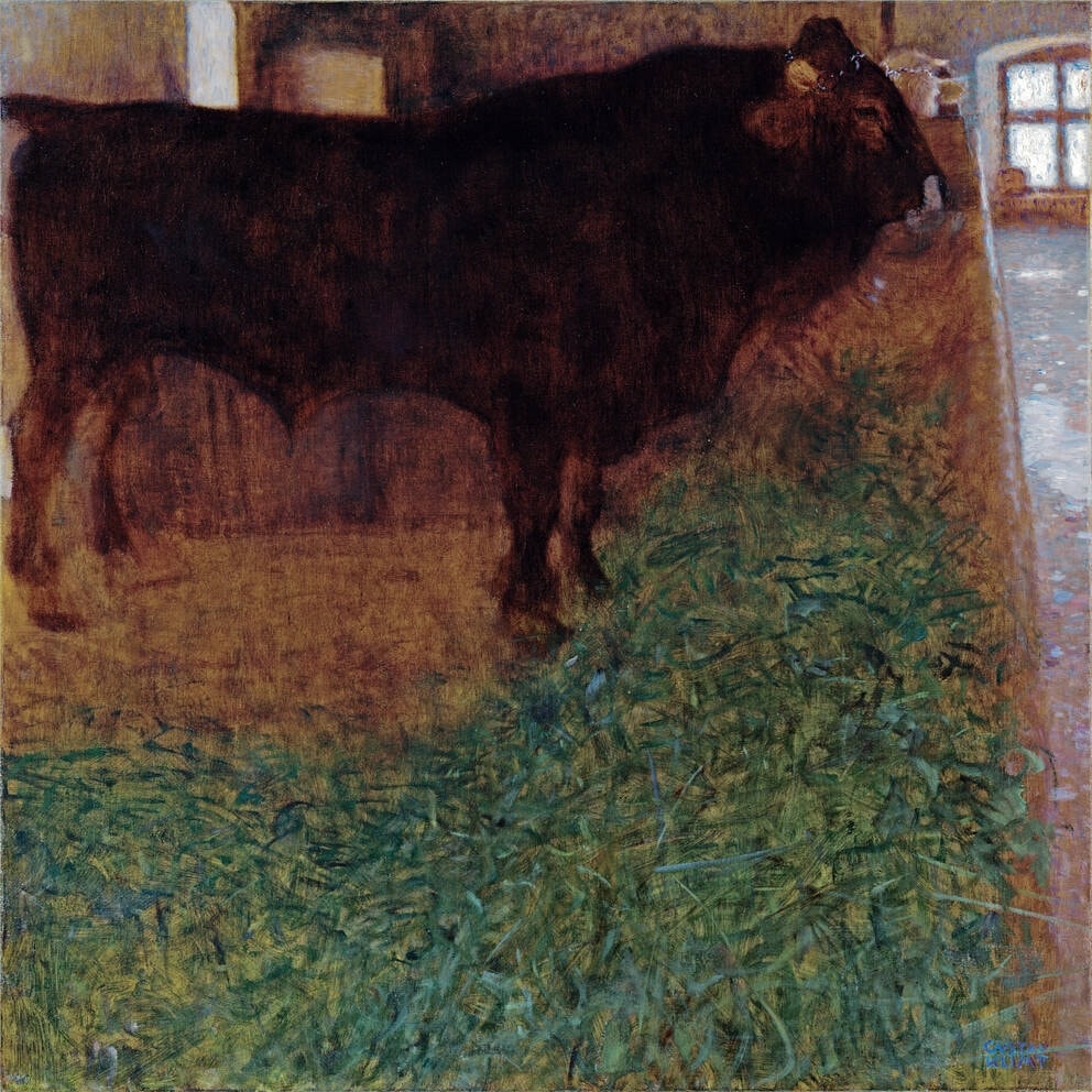 Click numbered symbols to learn about their meaning The Black Bull by Gustav Klimt (1900 (1900–1901 also cited)) featuring The bull’s dark mass, Horn and illuminated muzzle, Nose ring (tether), Diagonal green fodder