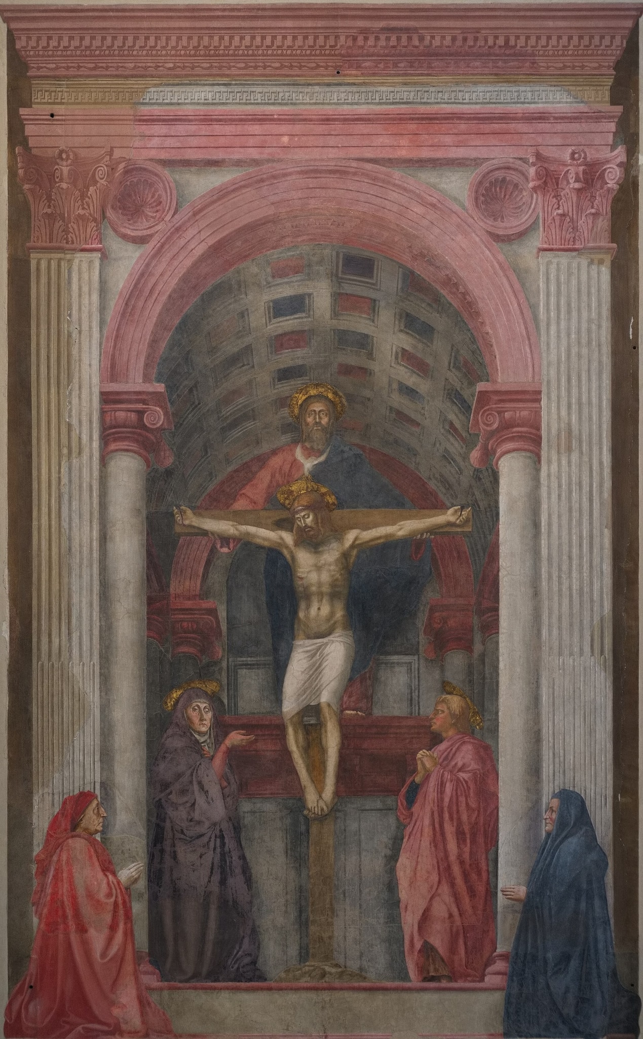 Click numbered symbols to learn about their meaning The Holy Trinity by Masaccio (c. 1425–1427) featuring Crucified Christ, God the Father supporting the cross (Throne of Mercy), Dove of the Holy Spirit, Mary’s presenting gesture