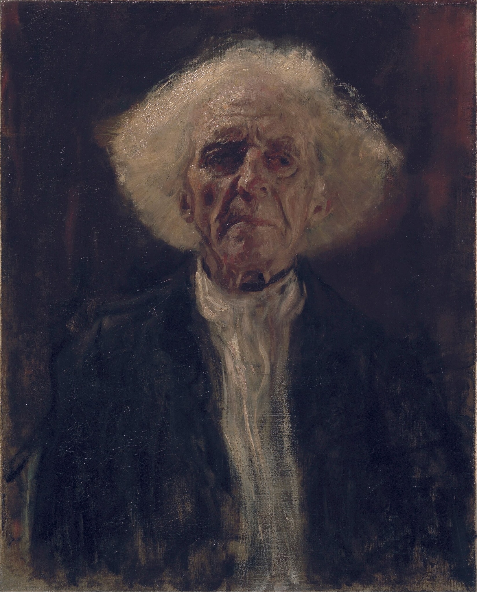 Click numbered symbols to learn about their meaning The Blind Man by Gustav Klimt (c. 1896) featuring Occluded gaze (shadowed eyes), Encroaching dark field (chiaroscuro void), Scumbled halo of hair, Dissolving white collar