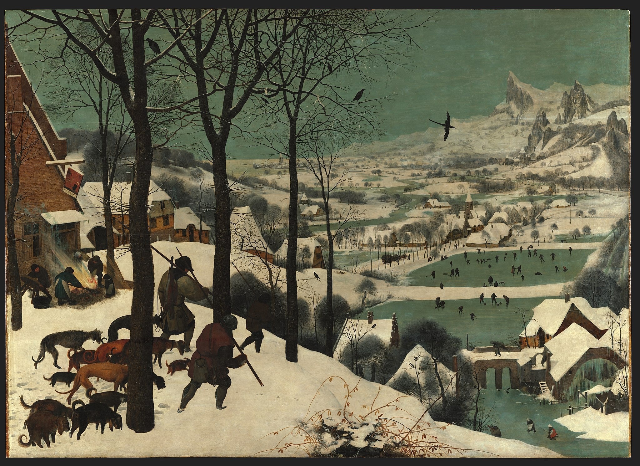 Click numbered symbols to learn about their meaning The Return of the Hunters by Pieter Bruegel the Elder (1565) featuring Stag inn sign (St. Hubert emblem), Fox on the spear, Pig singeing at the fire, Frozen mill and wheel