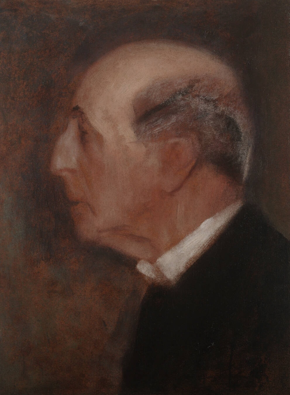 Click numbered symbols to learn about their meaning Portrait of an Old Man in Profile (Count Traun?) by Gustav Klimt (c. 1896) featuring Strict profile silhouette, Dissolving edges, Bald crown with gray wisps, White collar wedge