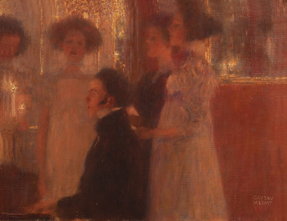 Click numbered symbols to learn about their meaning Schubert at the Piano. Design for the music room by Nikolaus Dumba by Gustav Klimt (1896) featuring Dark-clad pianist at the keyboard, Female listener-chorus, Golden scintillation of light, Mirror/reflection band