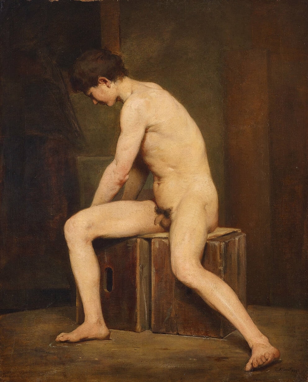 Click numbered symbols to learn about their meaning Sitting Nude Man Turned to the Left by Gustav Klimt (1883) featuring Triangular Pose, Wooden Crates (Studio Props), Bowed Head, Braced Forearms and Diagonals