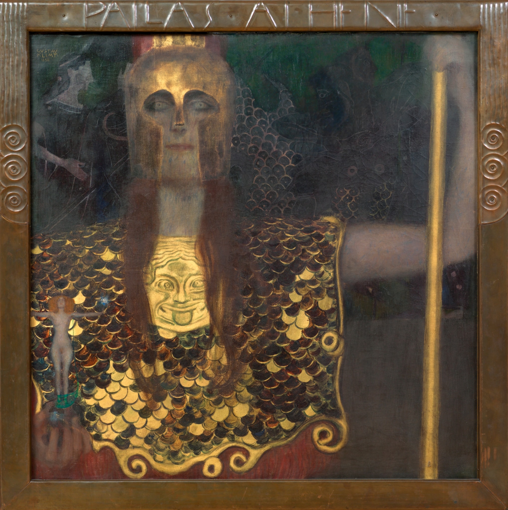 Click numbered symbols to learn about their meaning Pallas Athena by Gustav Klimt (1898) featuring Corinthian helmet with nose-guard, Spear, Aegis (scale armor), Gorgoneion (Medusa’s head)