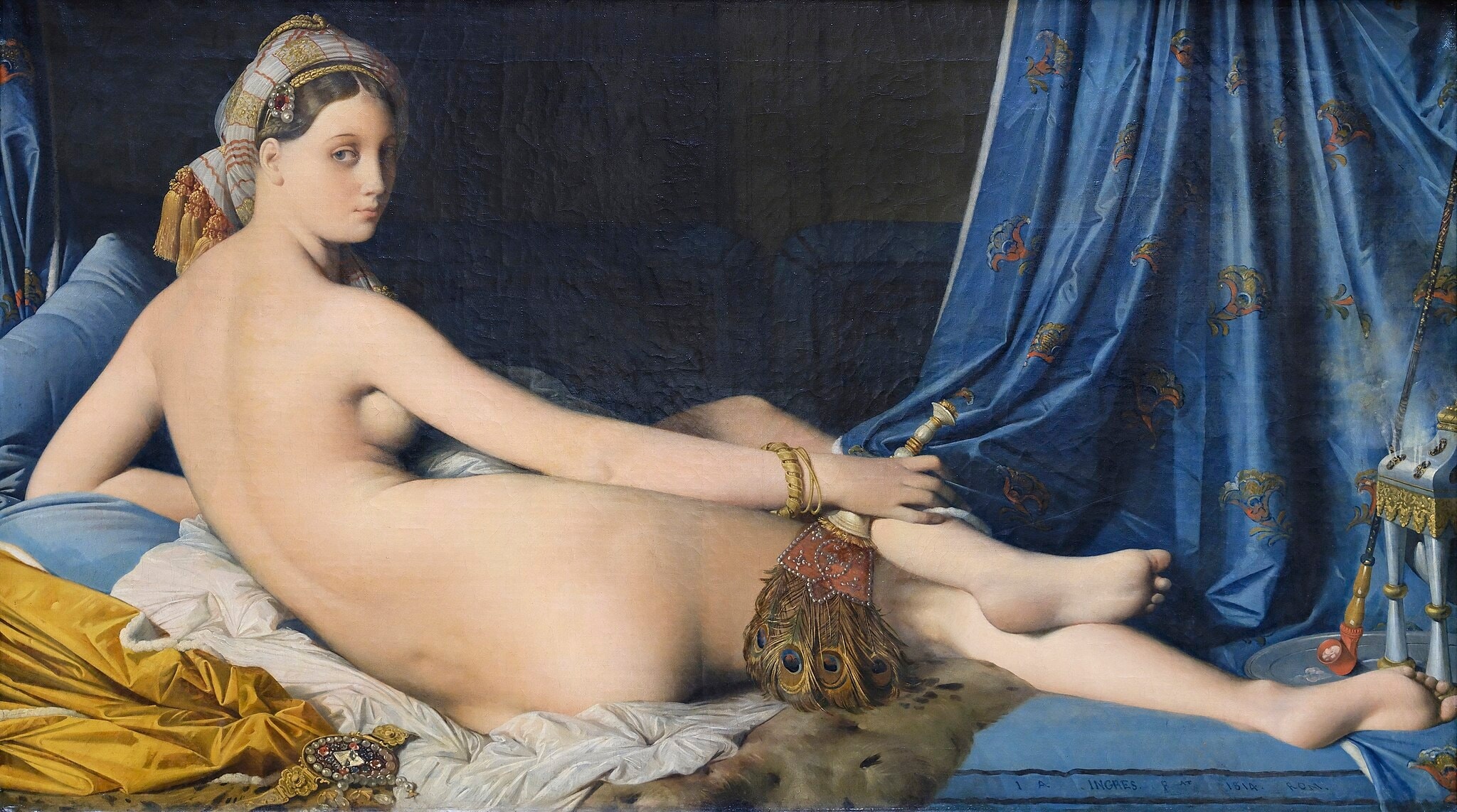 Click numbered symbols to learn about their meaning Grande Odalisque by Jean-Auguste-Dominique Ingres (1814) featuring Peacock-feather fan, Jeweled turban, Blue brocaded curtain, Hookah and incense burner