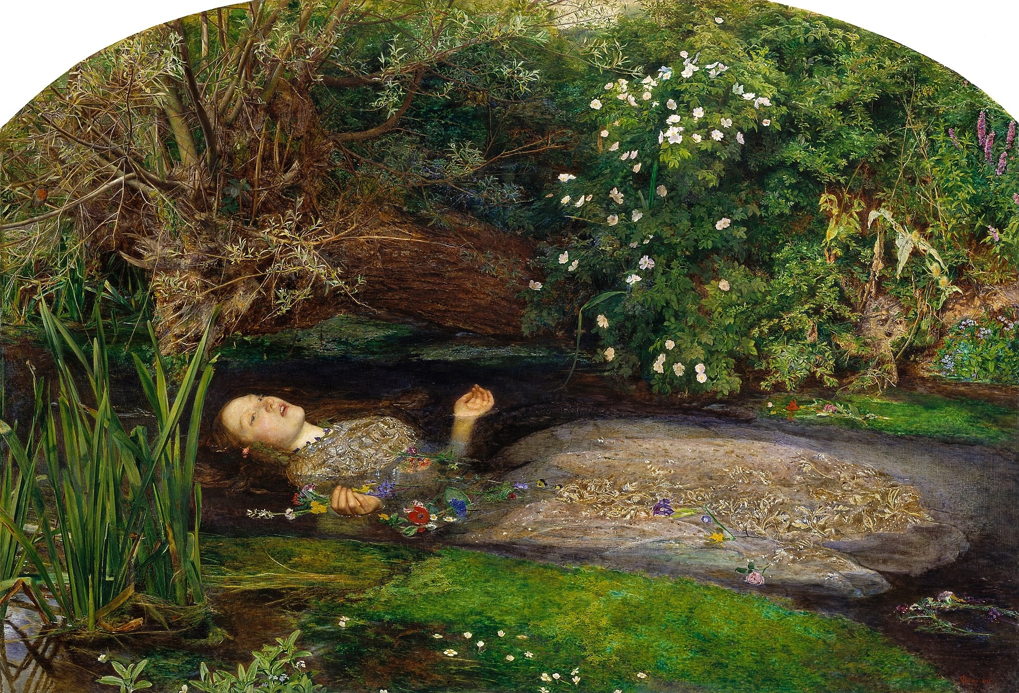 Click numbered symbols to learn about their meaning Ophelia by John Everett Millais (1851–1852) featuring Overhanging willow, Open, upturned hands, Violets, Red poppy