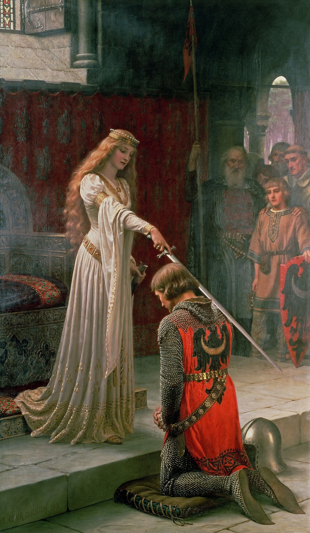 Click numbered symbols to learn about their meaning The Accolade by Edmund Leighton (1901) featuring Sword of investiture, White gown and gold circlet, Kneeling posture on cushion, Removed helmet