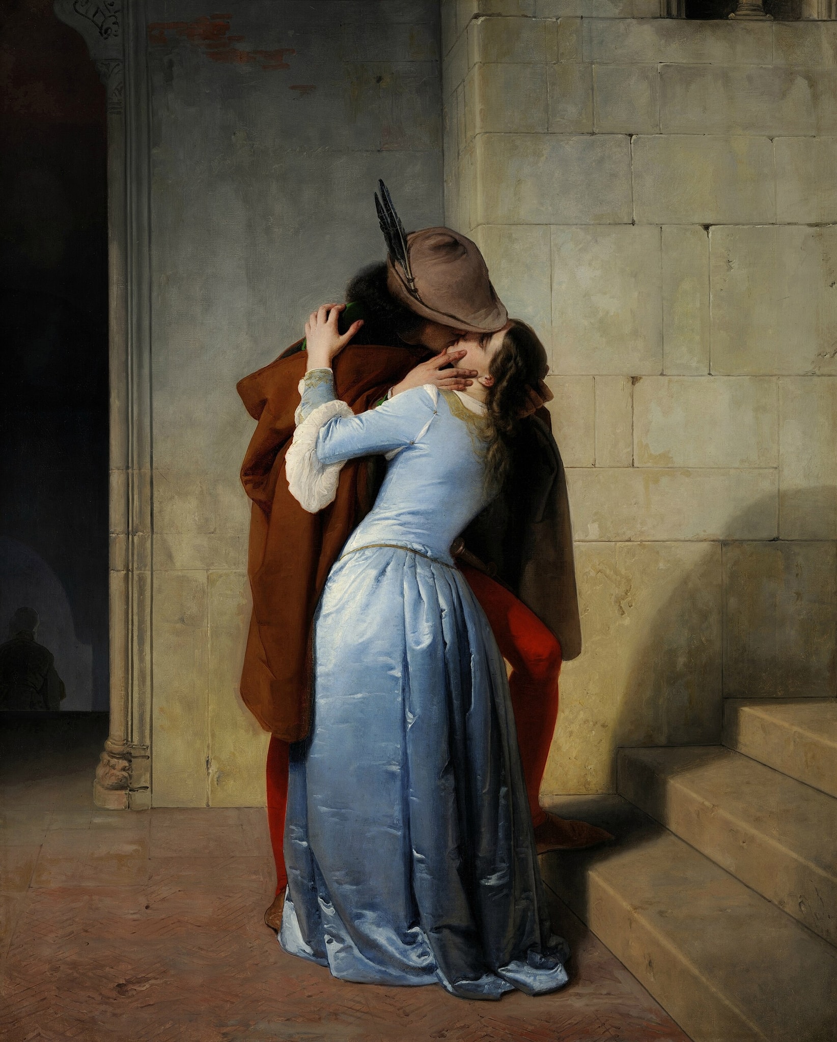 Click numbered symbols to learn about their meaning The Kiss (Hayez) by Francesco Hayez (1859) featuring Stone threshold and steps, Outward-angled foot, Dagger hilt, Tricolour cues