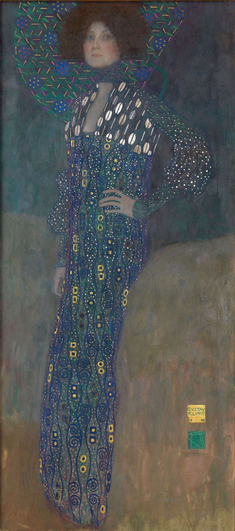 Click numbered symbols to learn about their meaning Emilie Flöge by Gustav Klimt (1902) featuring Circular halo/fan, Spiral motifs, Gold squares/rectangles, Constellation-like white dots