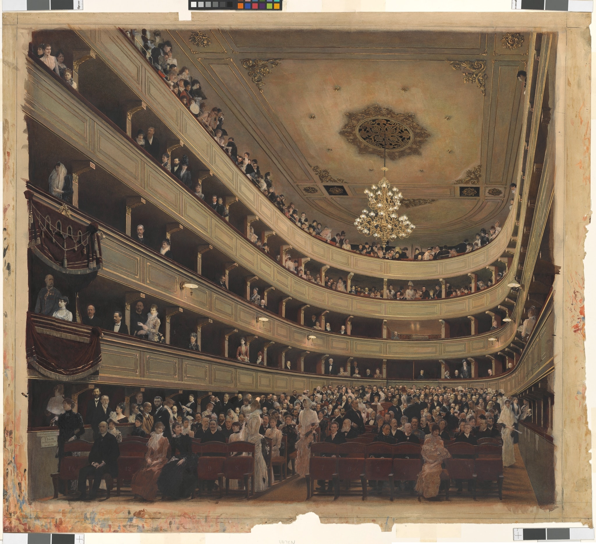 Click numbered symbols to learn about their meaning Auditorium of the Old Burgtheater by Gustav Klimt (1888–1889) featuring Central chandelier, Sweeping stacked balconies, Parquet block (front-row tribunal), Opera glasses