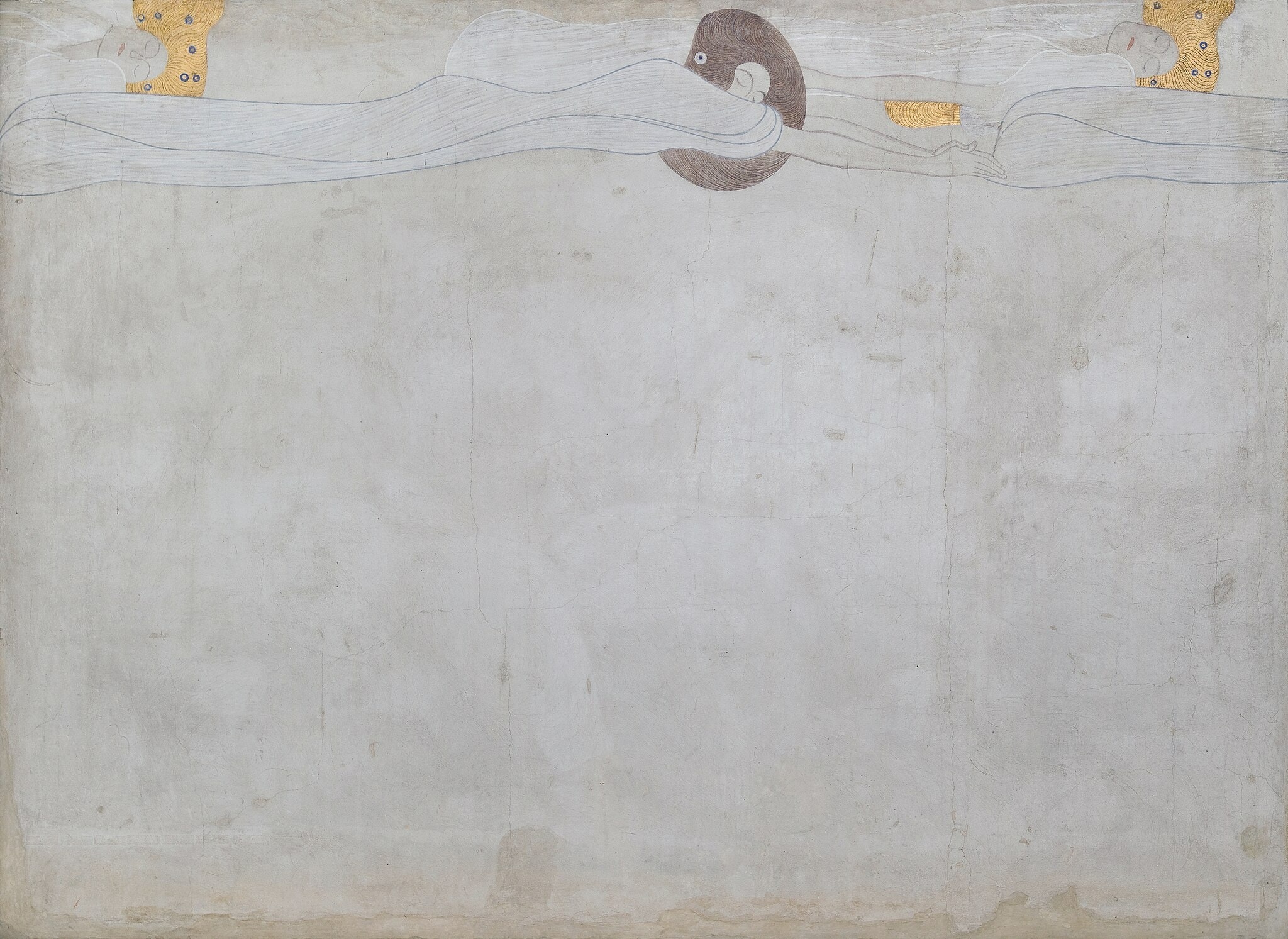 Click numbered symbols to learn about their meaning Beethoven Frieze by Gustav Klimt (1901–1902) featuring Floating genii (elongated figures), Ribbon-like current, Gold islands with eye-like jewels, Masklike, inward-turned faces