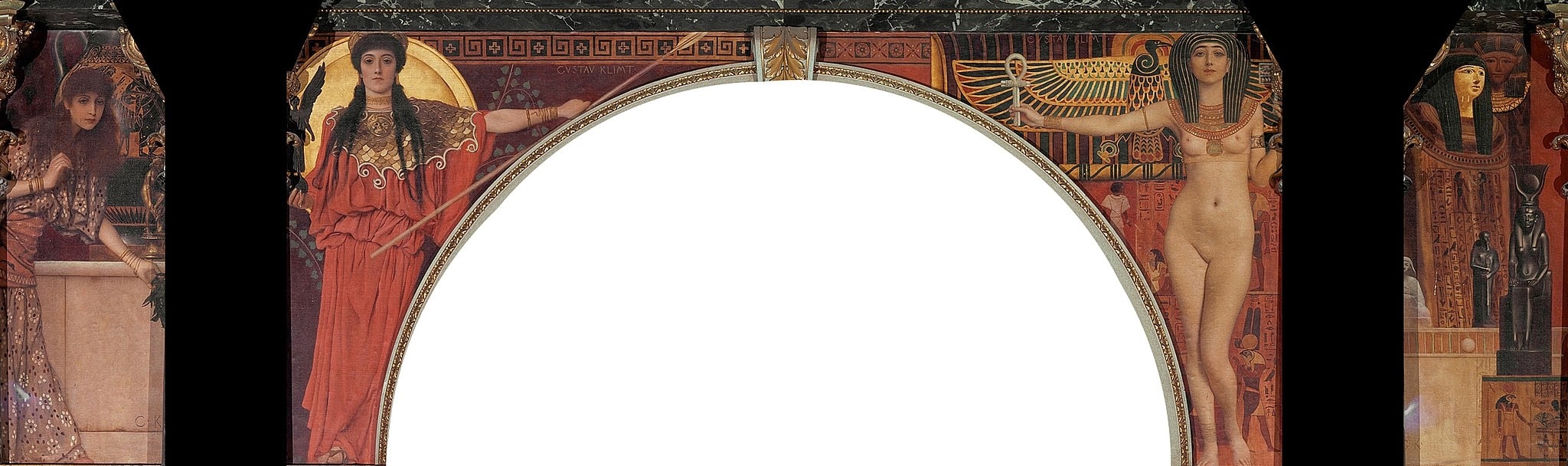 Click numbered symbols to learn about their meaning Ancient Greece and Egypt by Gustav Klimt (1891) featuring Empty ceremonial arch/portal, Ankh, Vulture of Nekhbet (outspread wings), Nemes headdress with uraeus
