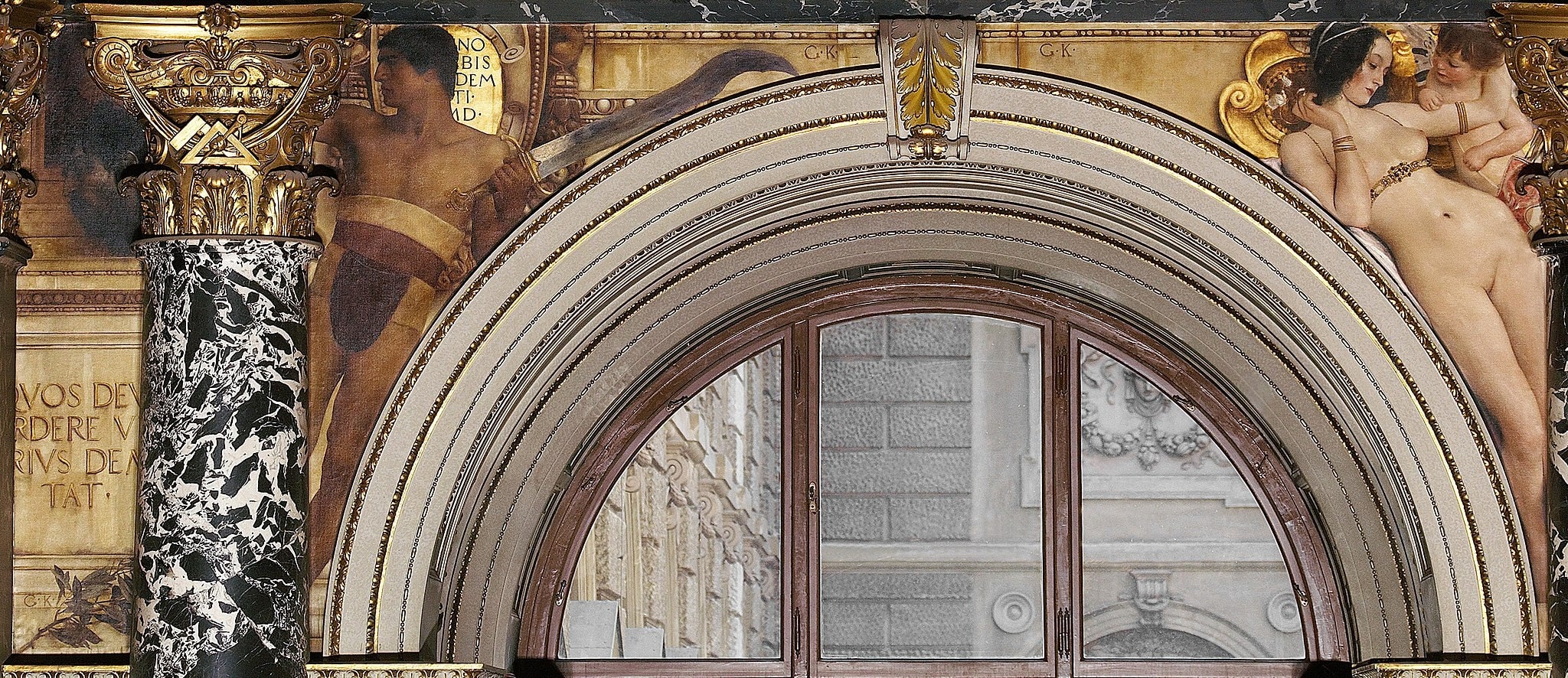 Click numbered symbols to learn about their meaning Florentine Cinquecento and Quattrocento by Gustav Klimt (1891) featuring Set square and compass, Latin moral inscription, Laurel sprig, Curved sword