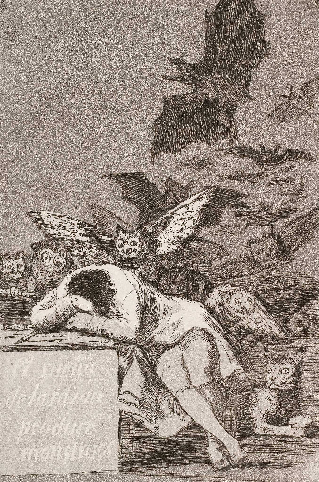 Click numbered symbols to learn about their meaning The Sleep of Reason Produces Monsters by Francisco Goya (1799 (published; plates 1797–1798)) featuring Sleeping author/thinker, Owls, Bats, Lynx