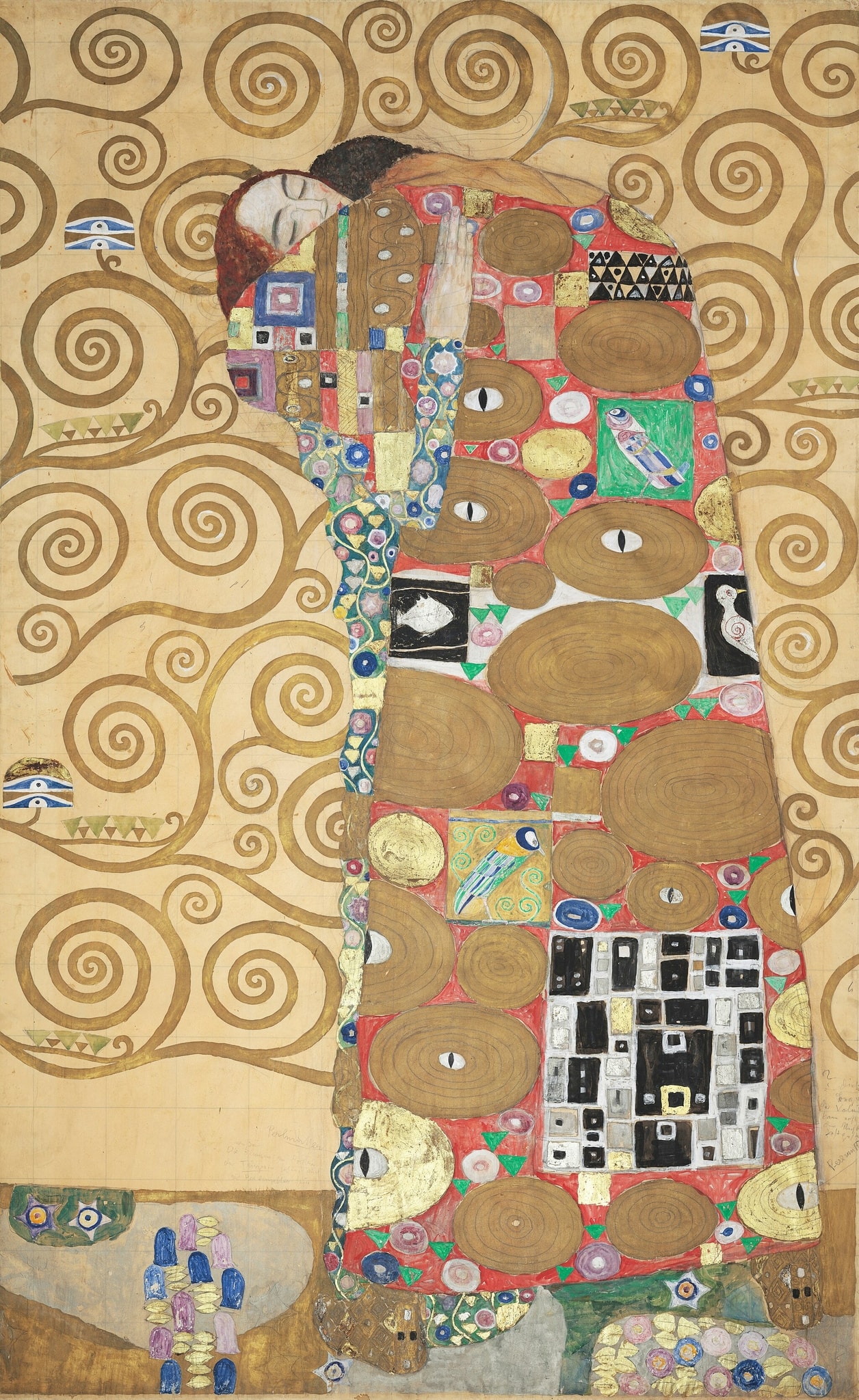 Click numbered symbols to learn about their meaning Fulfillment by Gustav Klimt (1910–1911 (cartoon); mosaic installed by 1911) featuring Tree of Life spirals, Apotropaic eyes, Golden ovals/disks, Black-and-white squares/rectangles