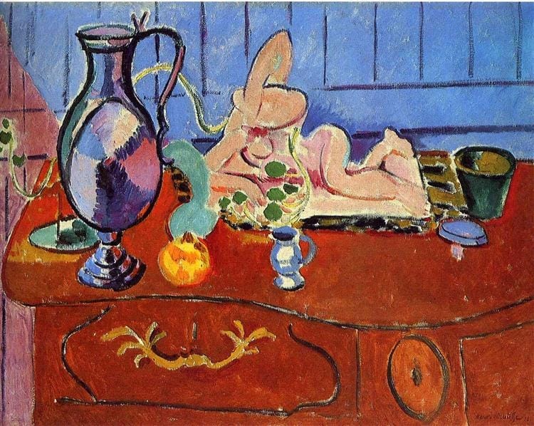 Pink Statuette and Jug on a Red Chest of Drawers