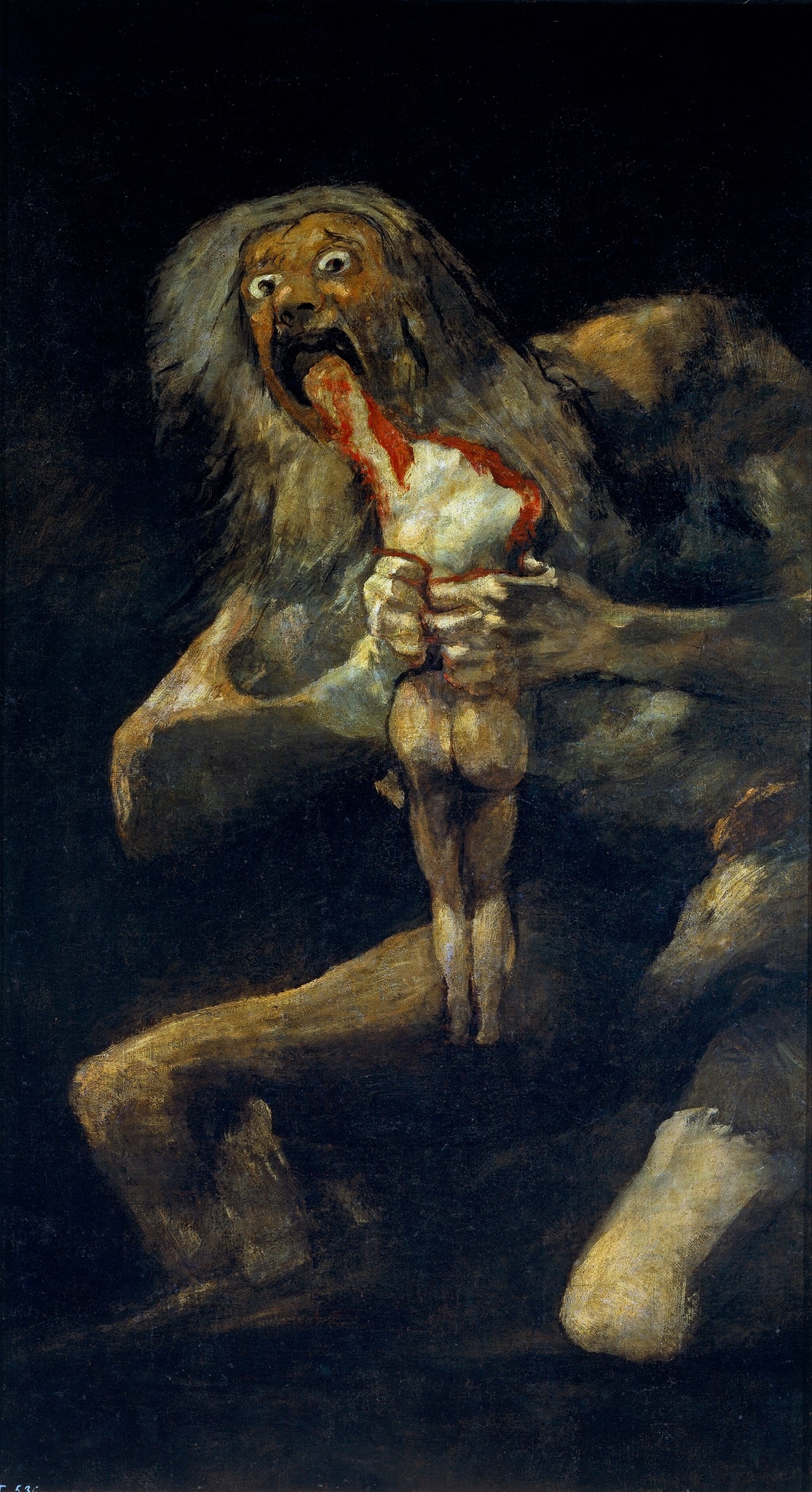 Click numbered symbols to learn about their meaning Saturn Devouring His Son by Francisco Goya (1820–1823) featuring Saucered eyes, Headless child’s body, Blood at the torn neck and mouth, Clenched, crushing hands