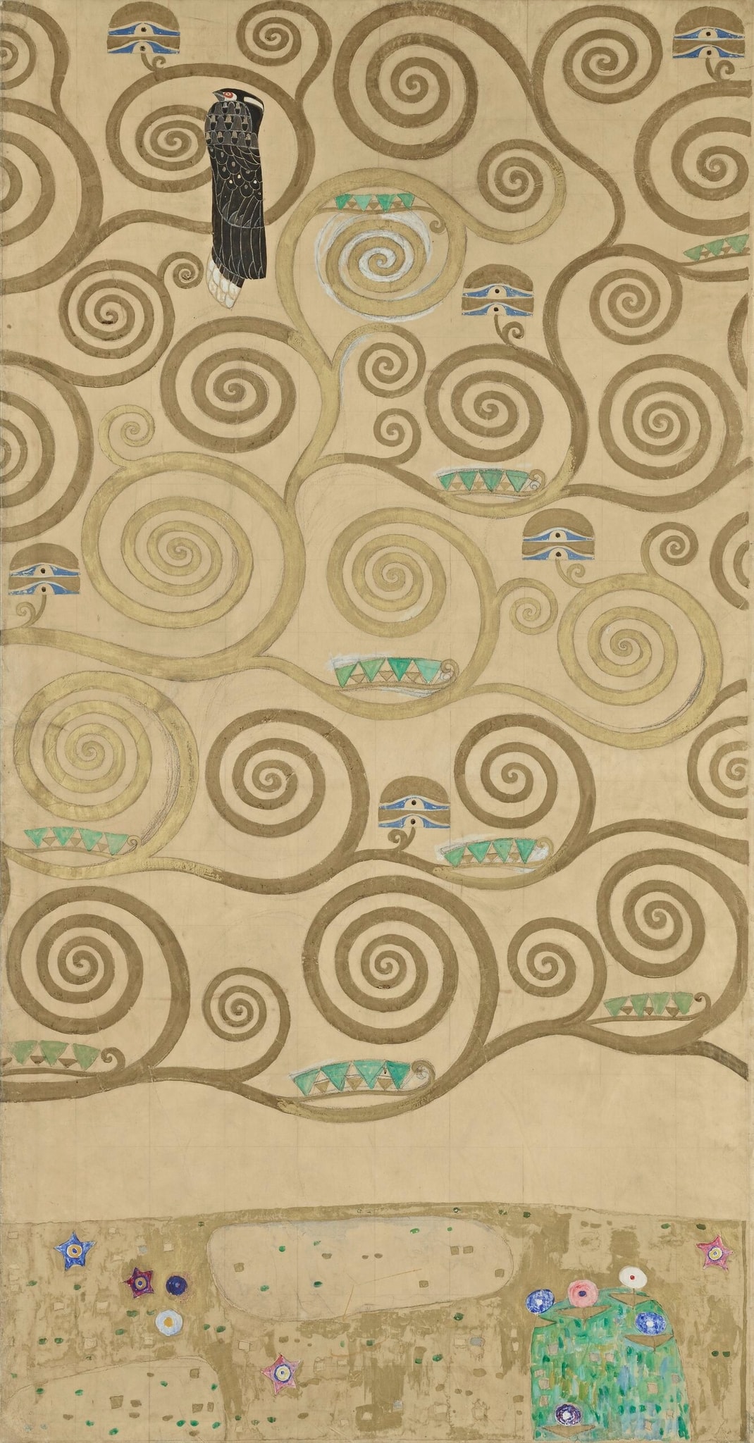 Click numbered symbols to learn about their meaning Part of the Tree of Life (Part 5) by Gustav Klimt (1910–1911) featuring Spiraling branches (volutes), Eyes of Horus, Dark bird (falcon-like), Green triangular tesserae/lozenges