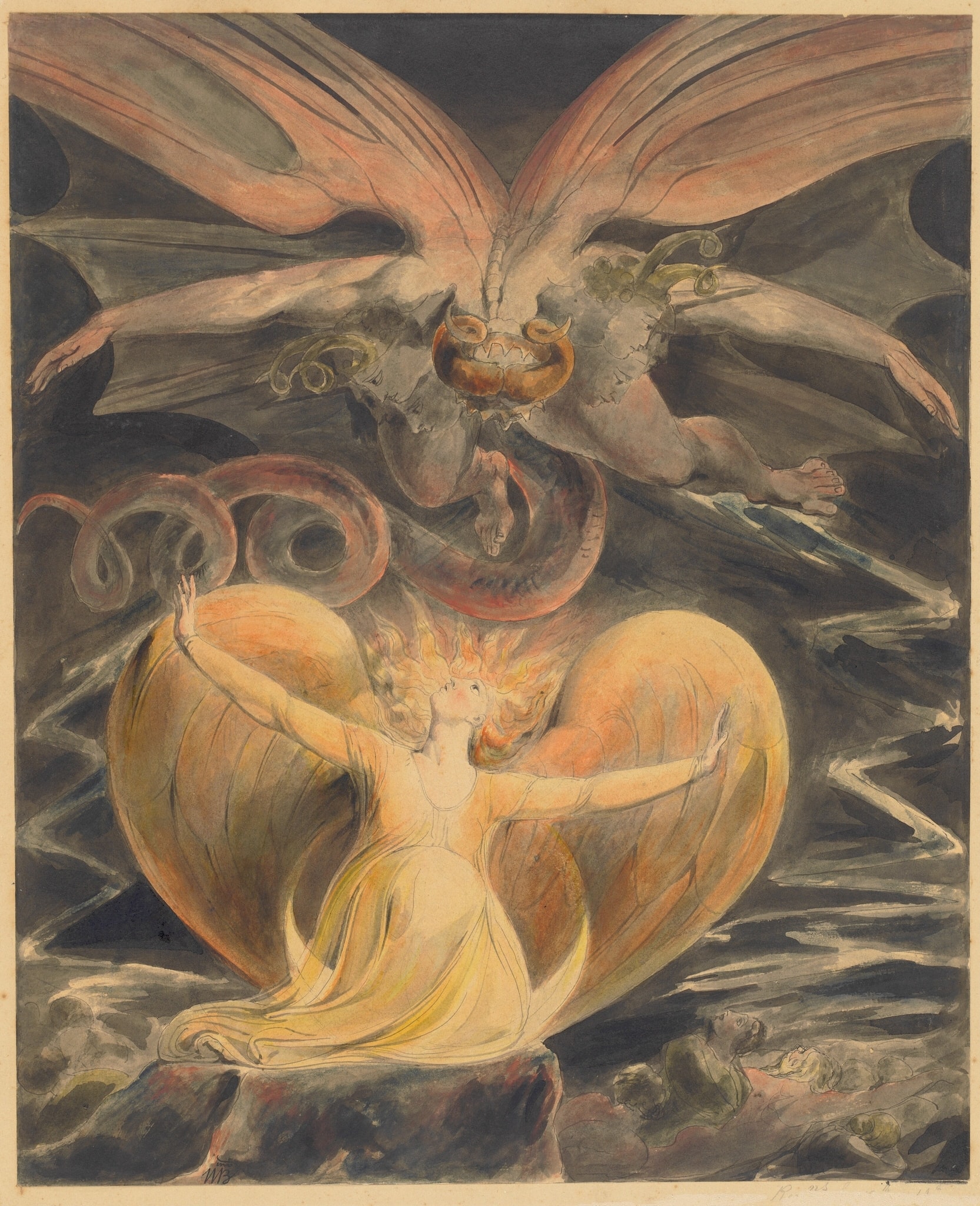 Click numbered symbols to learn about their meaning The Great Red Dragon and the Woman Clothed with the Sun by William Blake (c. 1805) featuring The Great Red Dragon, Horned Crown, Serpentine Tail, Woman Clothed with the Sun