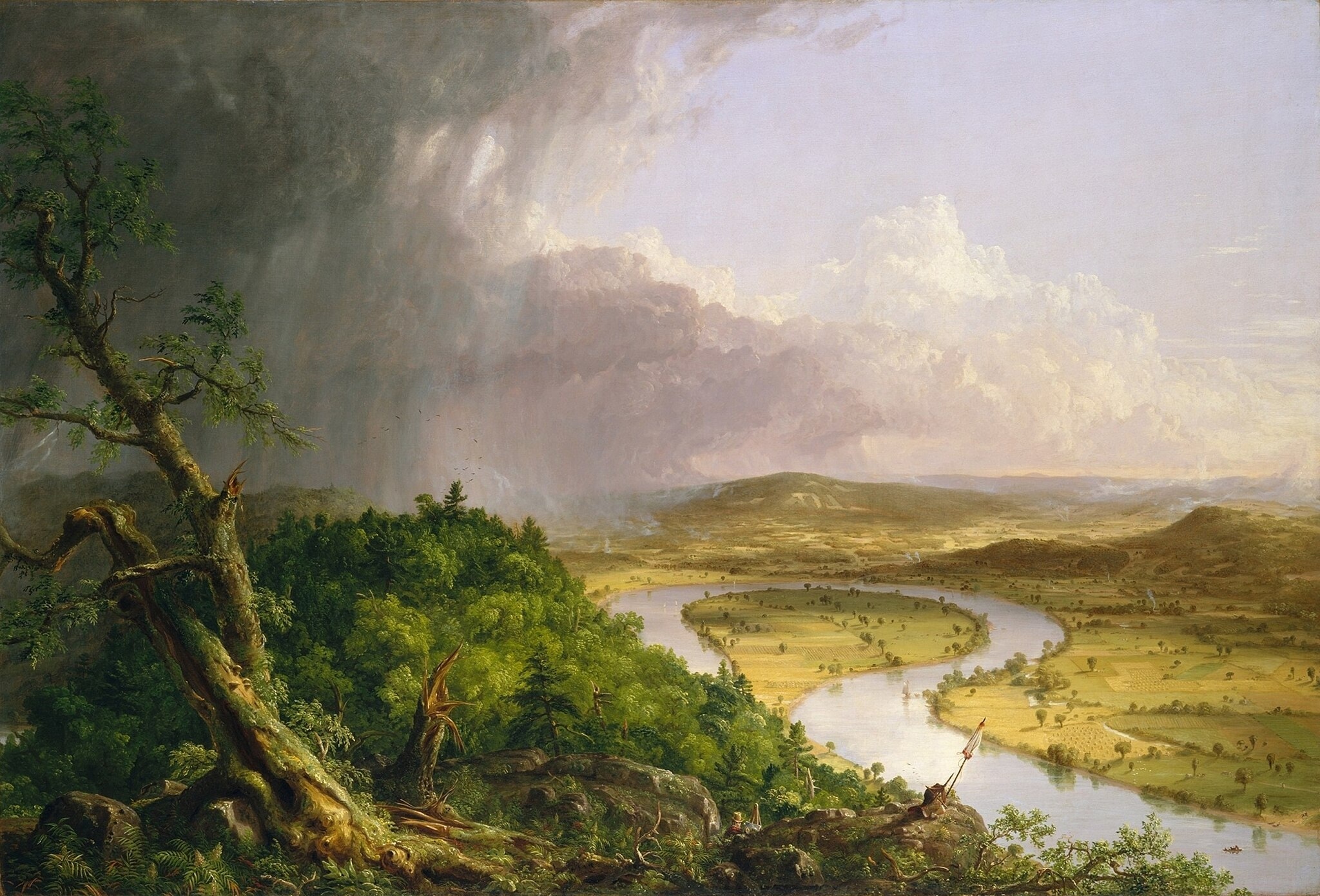 Click numbered symbols to learn about their meaning The Oxbow (View from Mount Holyoke) by Thomas Cole (1836) featuring Blasted tree trunk, Storm curtain and dark clouds, The oxbow bend of the river, Cultivated, gridded fields