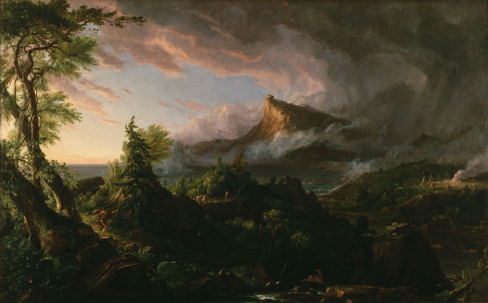 Click numbered symbols to learn about their meaning The Course of Empire: The Savage State by Thomas Cole (c. 1834 (series 1834–1836)) featuring Sunrise, Storm Clouds, Flat‑topped Crag, The Hunt (hunter and deer)
