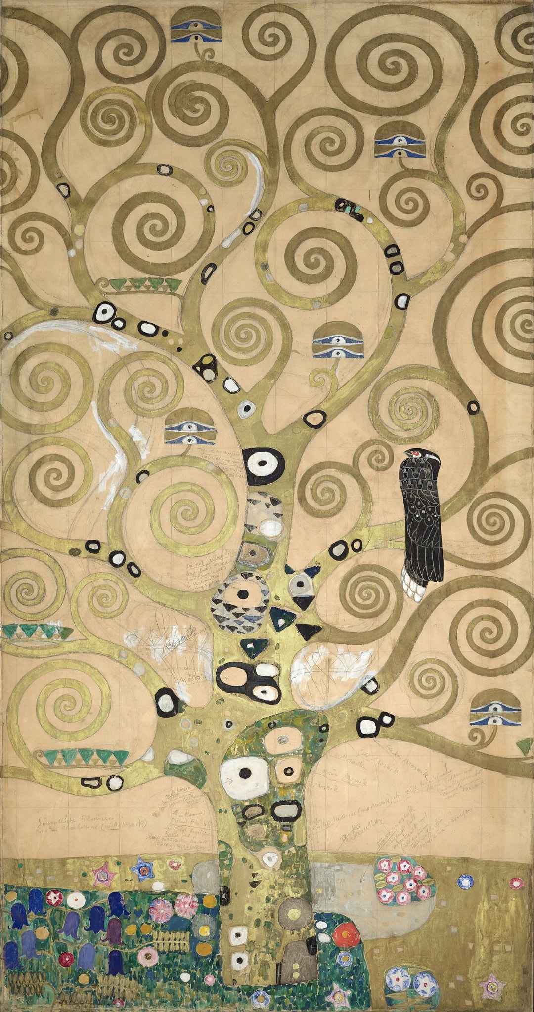 Click numbered symbols to learn about their meaning Tree of Life (Part 4) by Gustav Klimt (1910–1911) featuring Spiraling branches (volutes), Amuletic eyes / Eyes of Horus, Black raptor (hawk), Mosaic-like, tessellated trunk