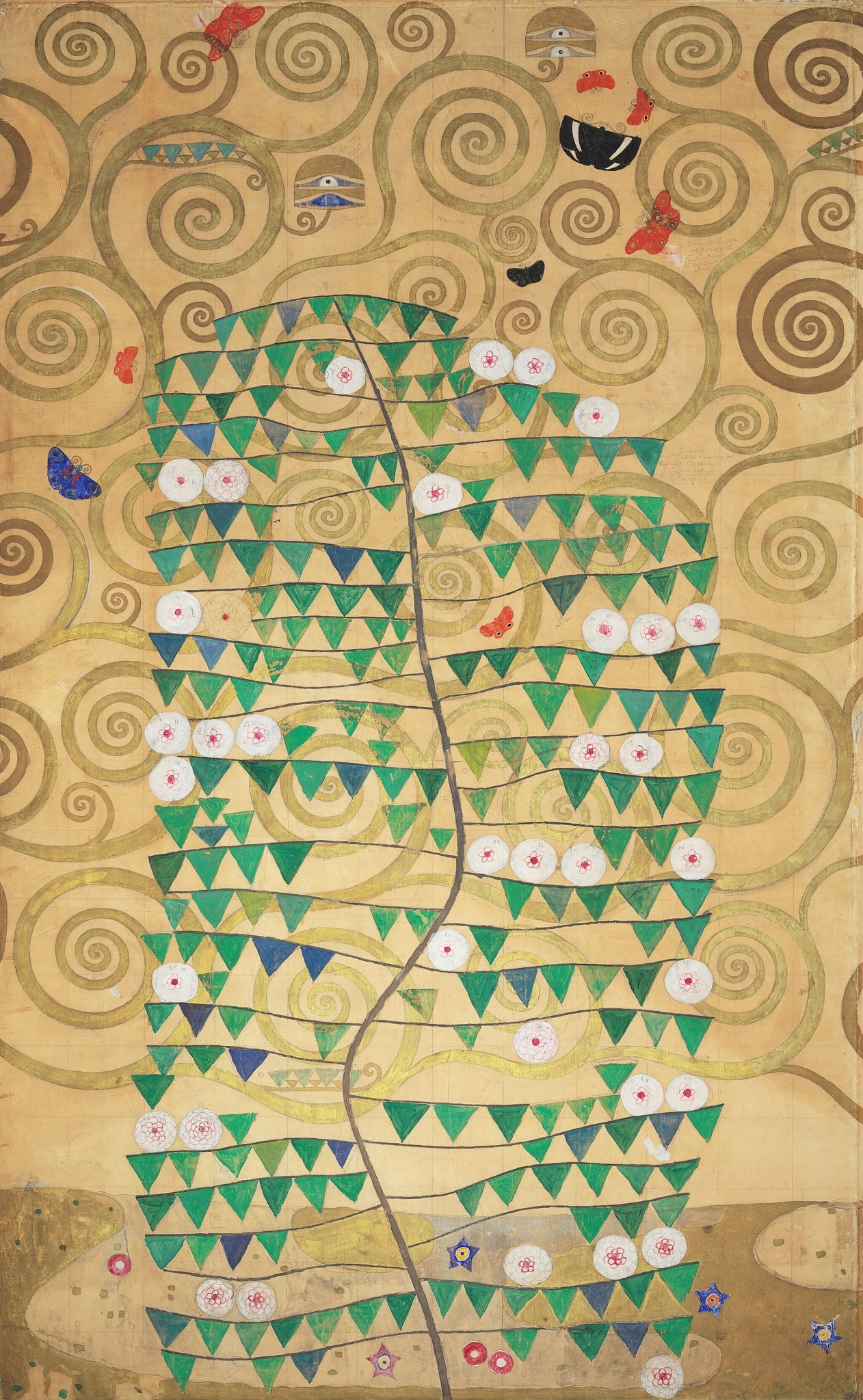Click numbered symbols to learn about their meaning Rosebush (Part 6) by Gustav Klimt (1910/11) featuring Sinuous central stem, Gold spirals, Triangular leaf bands, White disk blossoms with red centers