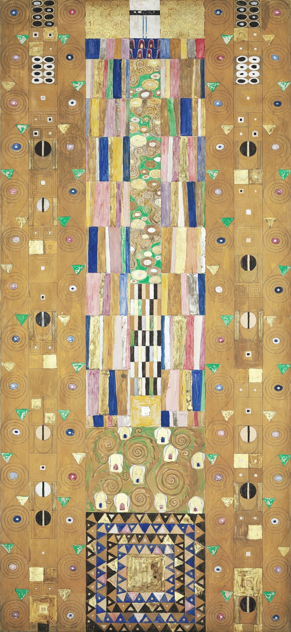 Click numbered symbols to learn about their meaning Knight (Part 9) by Gustav Klimt (1910–1911) featuring Central vertical standard (pillar), Checkerboard bands, Concentric-ring circles (‘eyes’/studs), Green-gold triangles (shields)