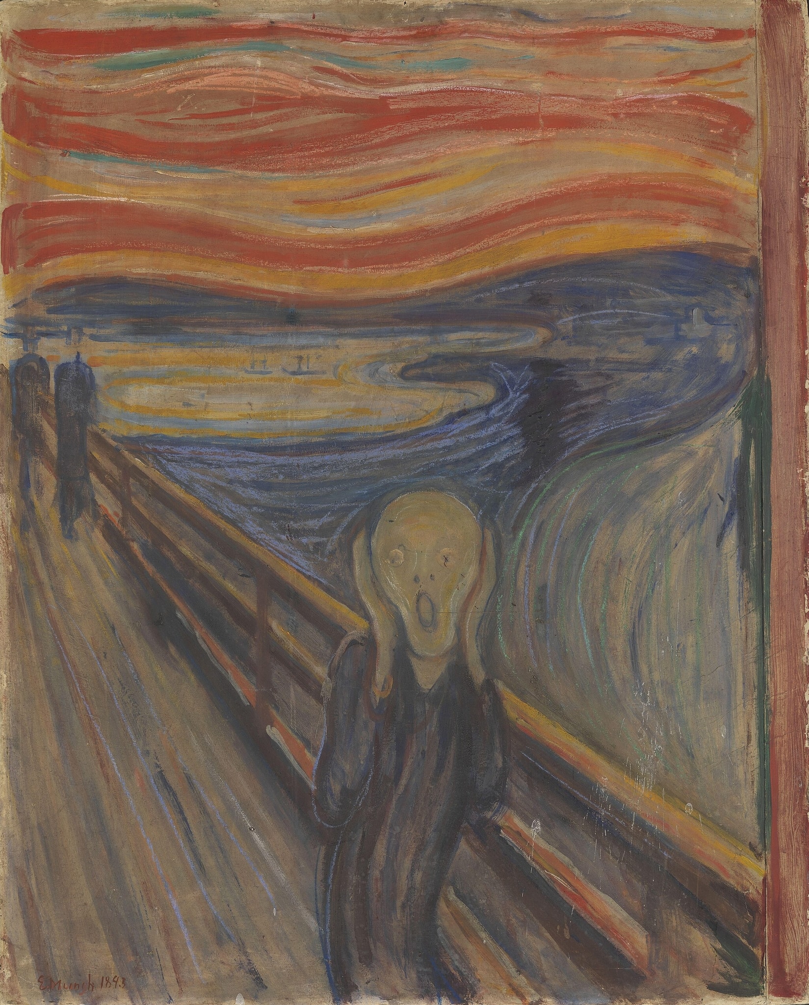 Click numbered symbols to learn about their meaning The Scream by Edvard Munch (1893) featuring Blood-red, wave-like sky, Androgynous skull-faced figure, Open mouth as void, Rigid bridge rails and planks