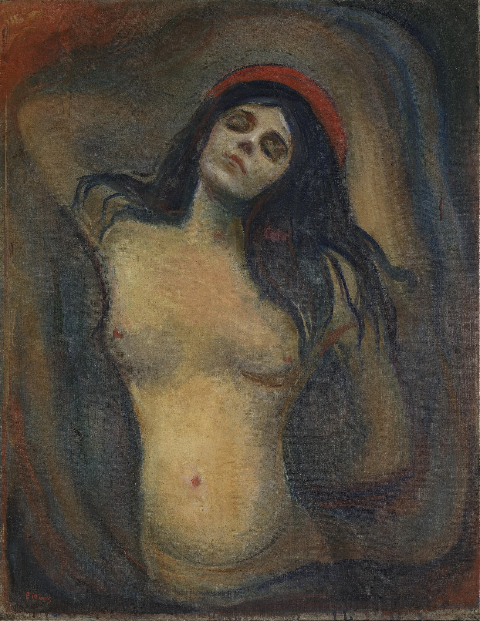 Click numbered symbols to learn about their meaning Madonna by Edvard Munch (1894) featuring Red nimbus (halo), Closed eyes and tilted head, Flowing dark hair, Undulating tidal background
