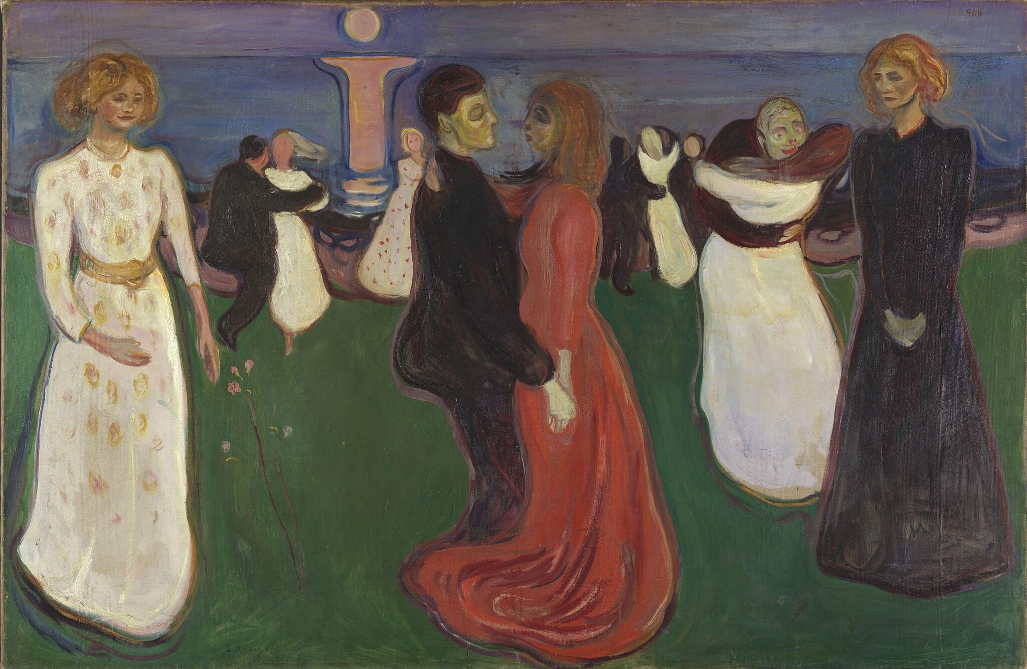 Click numbered symbols to learn about their meaning The Dance of Life by Edvard Munch (1899–1900) featuring Young woman in white, Red dress entwining the man, Woman in black with folded hands, Moon over the pier/column