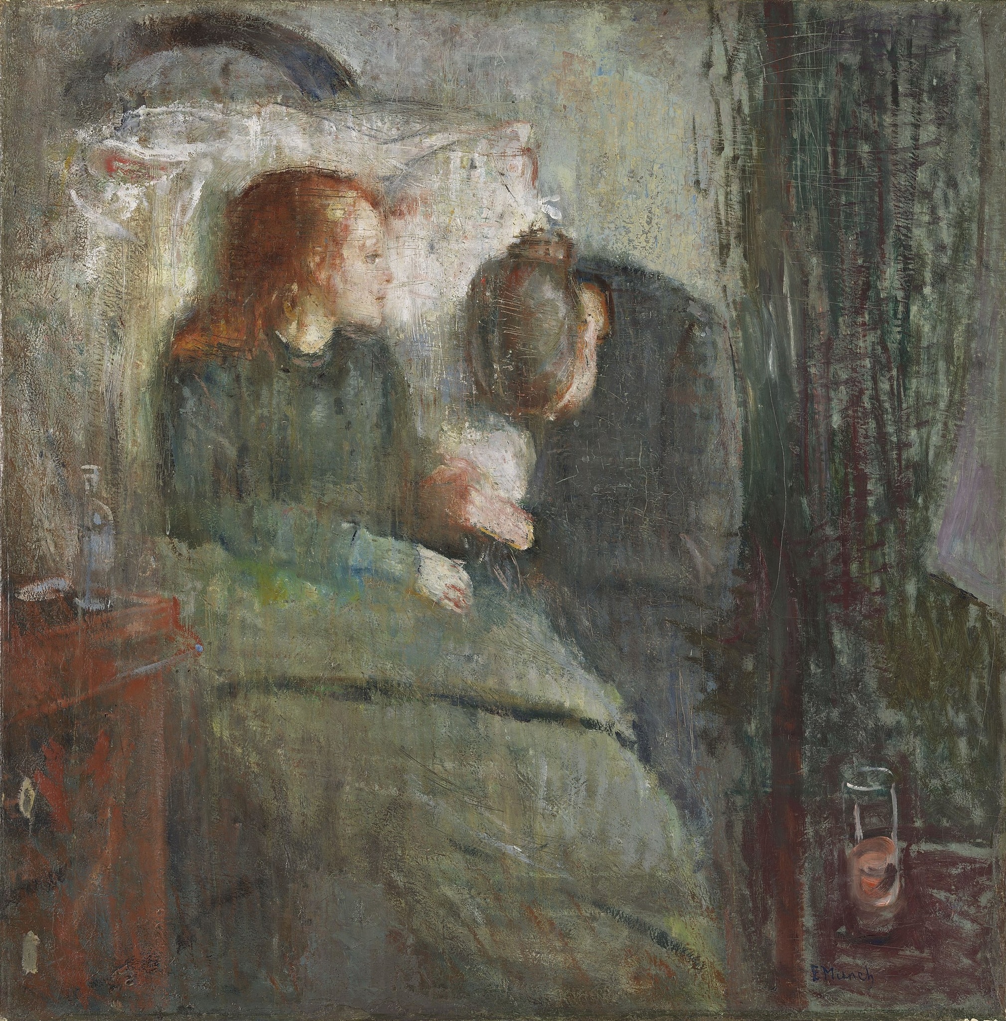 Click numbered symbols to learn about their meaning The Sick Child by Edvard Munch (1885–86) featuring Radiant head against white pillow, Clasped Hands, Medicine bottle, Thin red line/thread