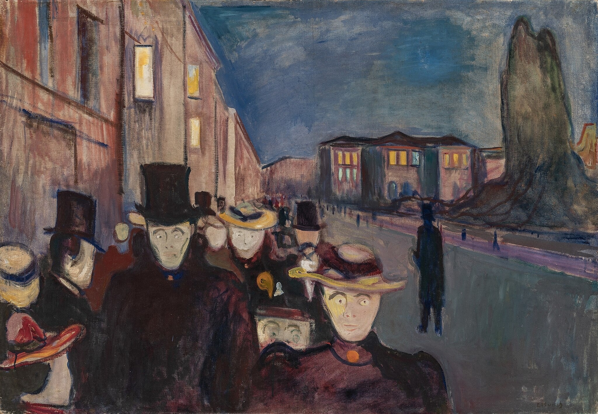 Click numbered symbols to learn about their meaning Evening on Karl Johan by Edvard Munch (1892) featuring Mask-like faces, Top hats and stiff collars, Isolated silhouette, Tilted/leaning façades