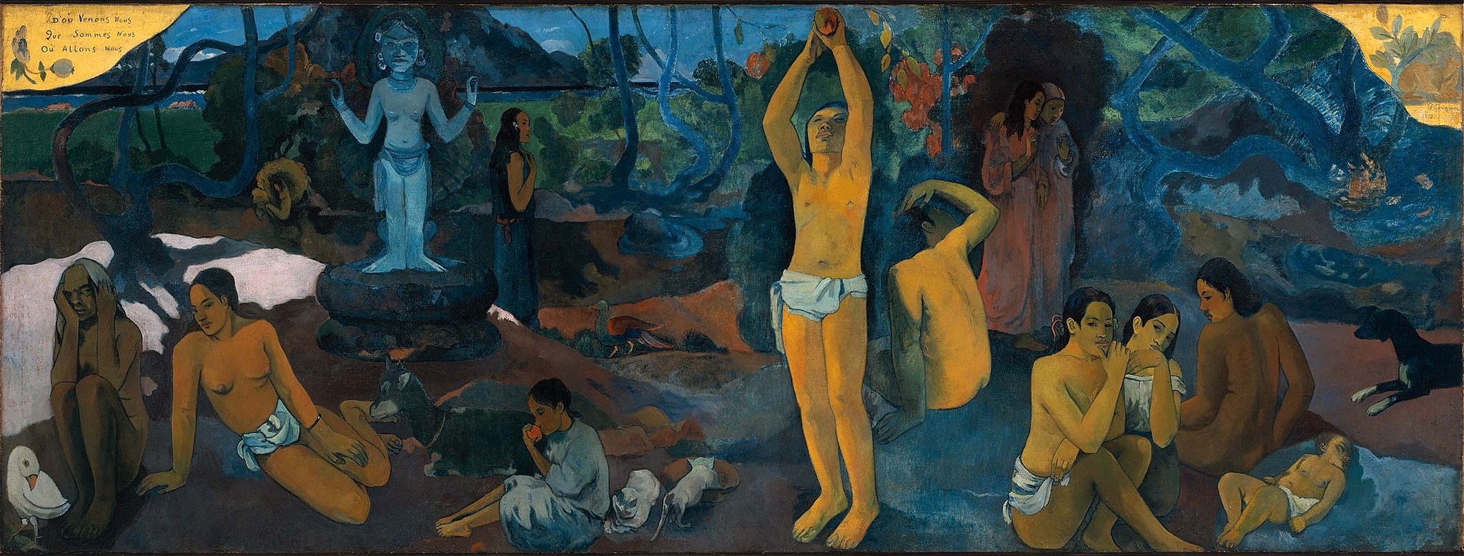 Click numbered symbols to learn about their meaning Where Do We Come From? What Are We? Where Are We Going? by Paul Gauguin (1897–1898) featuring Sleeping infant, Fruit-picker with raised arms, Pale-blue idol, Aged woman with white bird