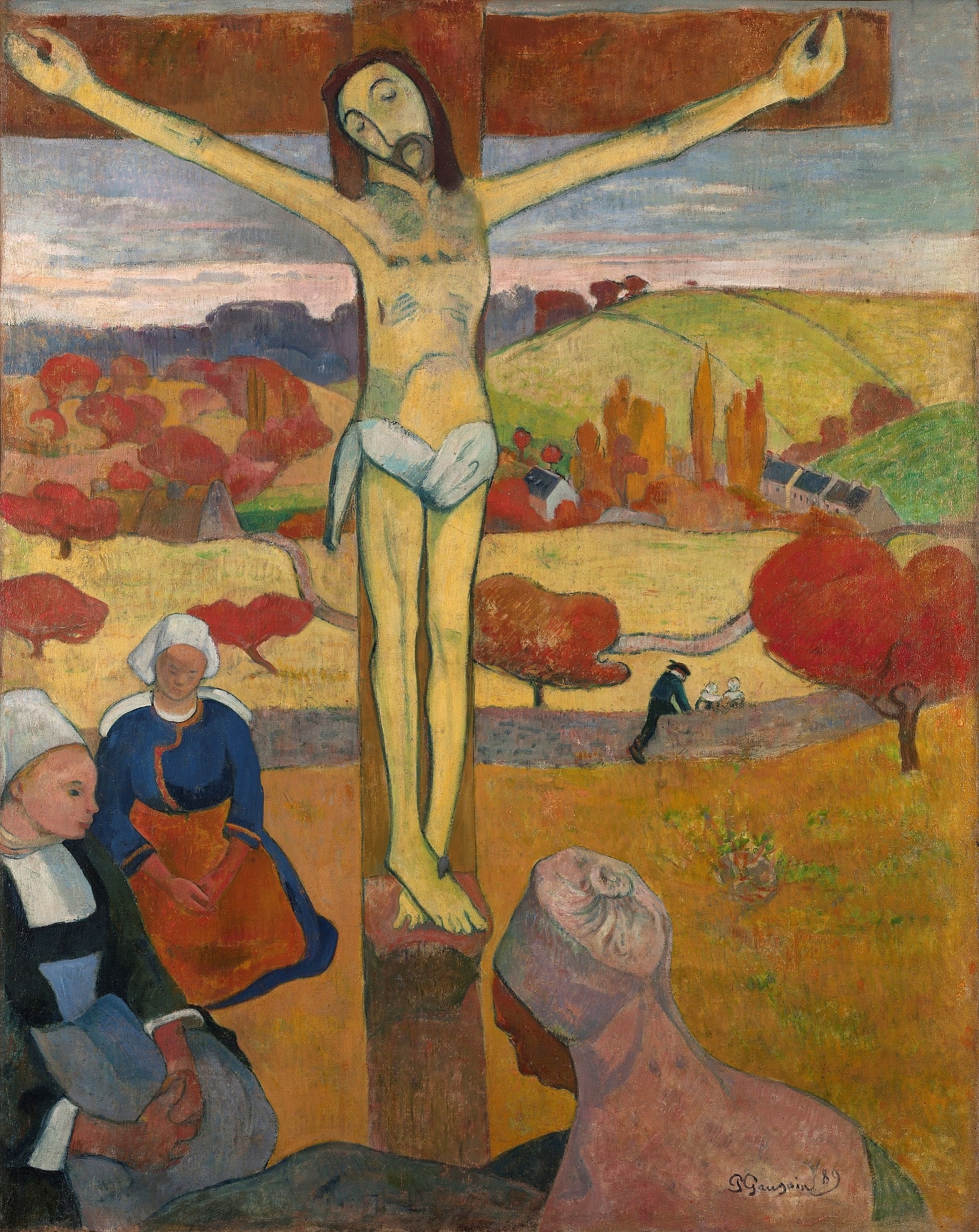 Click numbered symbols to learn about their meaning The Yellow Christ by Paul Gauguin (1889) featuring Yellow body of Christ, Breton calvary (wooden cross), Kneeling Breton women with white coifs, Autumn landscape (ochers, reds, and orange trees)