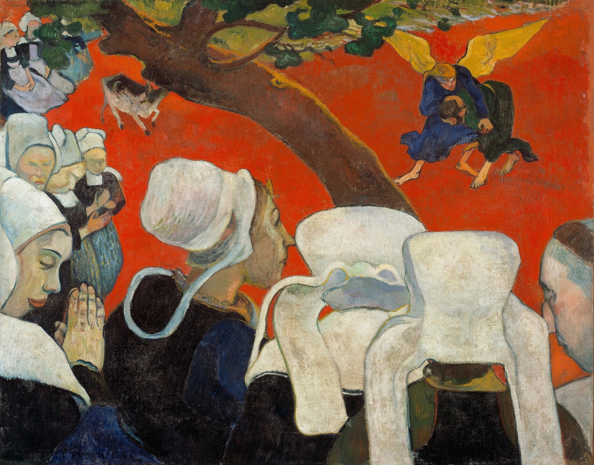 Click numbered symbols to learn about their meaning Vision After the Sermon by Paul Gauguin (1888) featuring Breton women’s white coifs and prayer posture, Diagonal apple tree trunk, Red ground, Jacob wrestling the angel