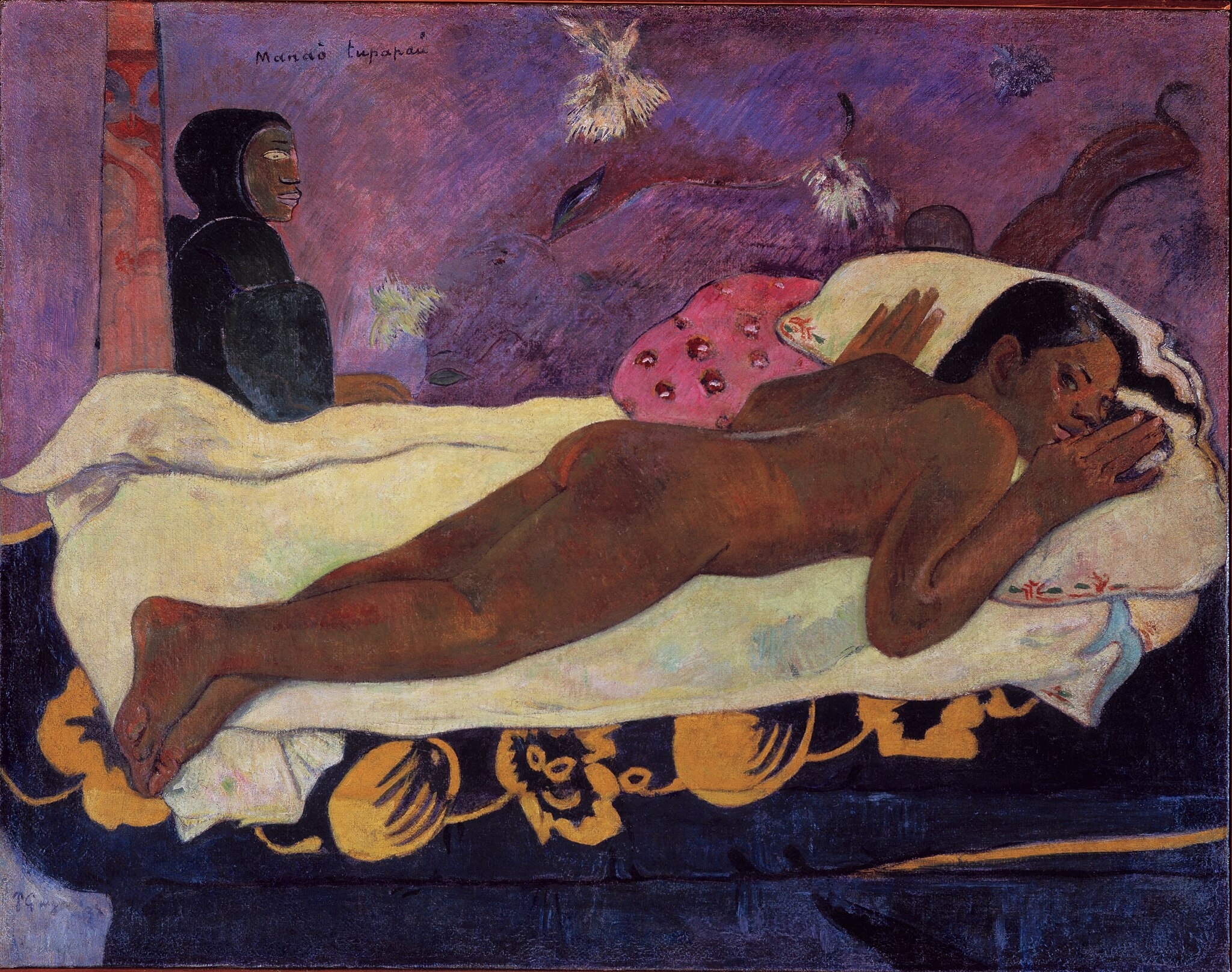 Click numbered symbols to learn about their meaning Spirit of the Dead Watching by Paul Gauguin (1892) featuring Tupapa'u (spirit watcher), Recumbent nude, Phosphorescent ‘spirit lights’, Tahitian inscription “Manao tupapa’u”