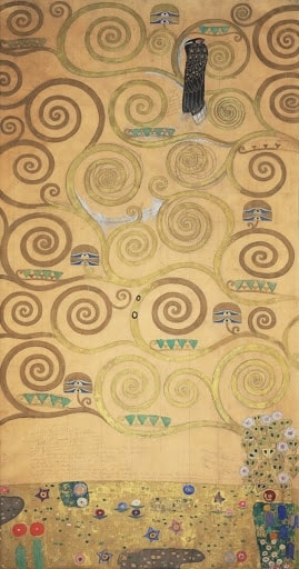 Click numbered symbols to learn about their meaning Part of the Tree of Life (Part 3) by Gustav Klimt (1910–1911) featuring Spiral branches (volutes), Eyes of Horus, Horus falcon, Stylized flowers/rosettes