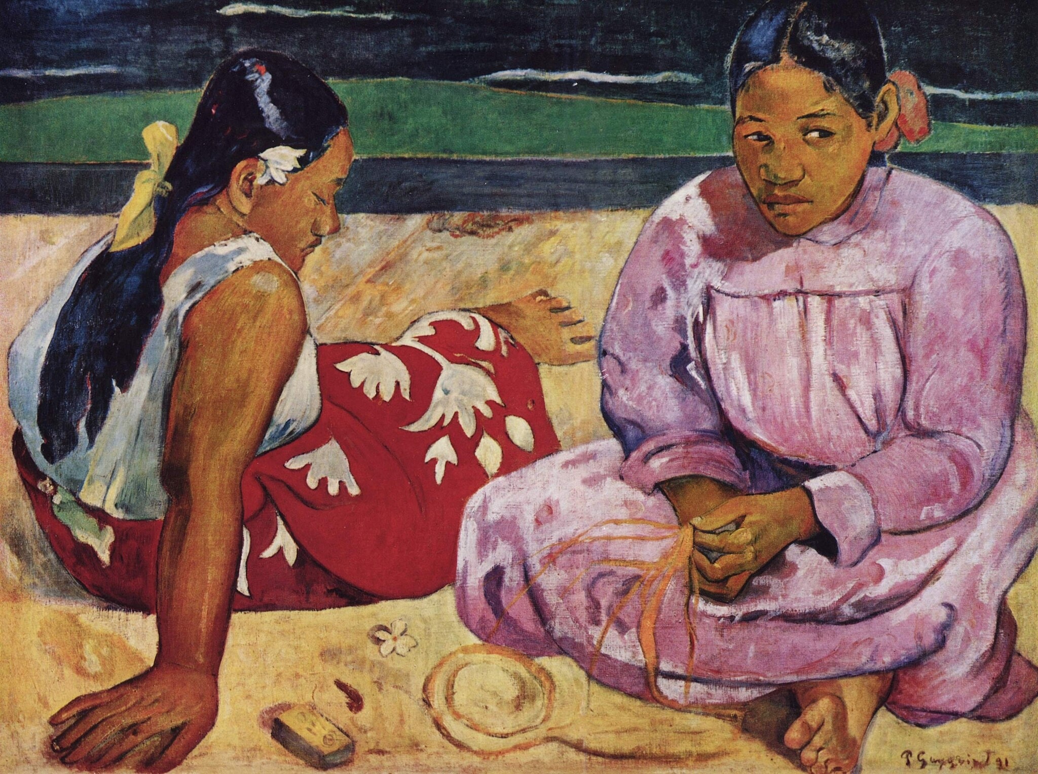 Click numbered symbols to learn about their meaning Tahitian Women on the Beach by Paul Gauguin (1891) featuring Red pareo (wrap skirt) with white leaf motifs, Pink missionary dress (“Mother Hubbard” style), Stratified sea–shore bands, Small white flower