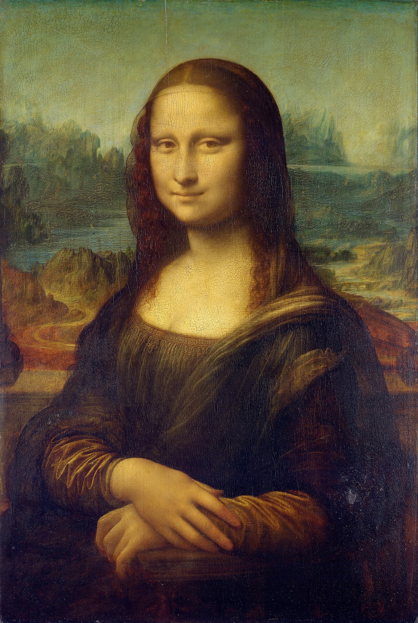 Click numbered symbols to learn about their meaning Mona Lisa by Leonardo da Vinci (1503–1519) featuring Folded hands, Ambiguous smile and gaze (sfumato), Veil, Winding road