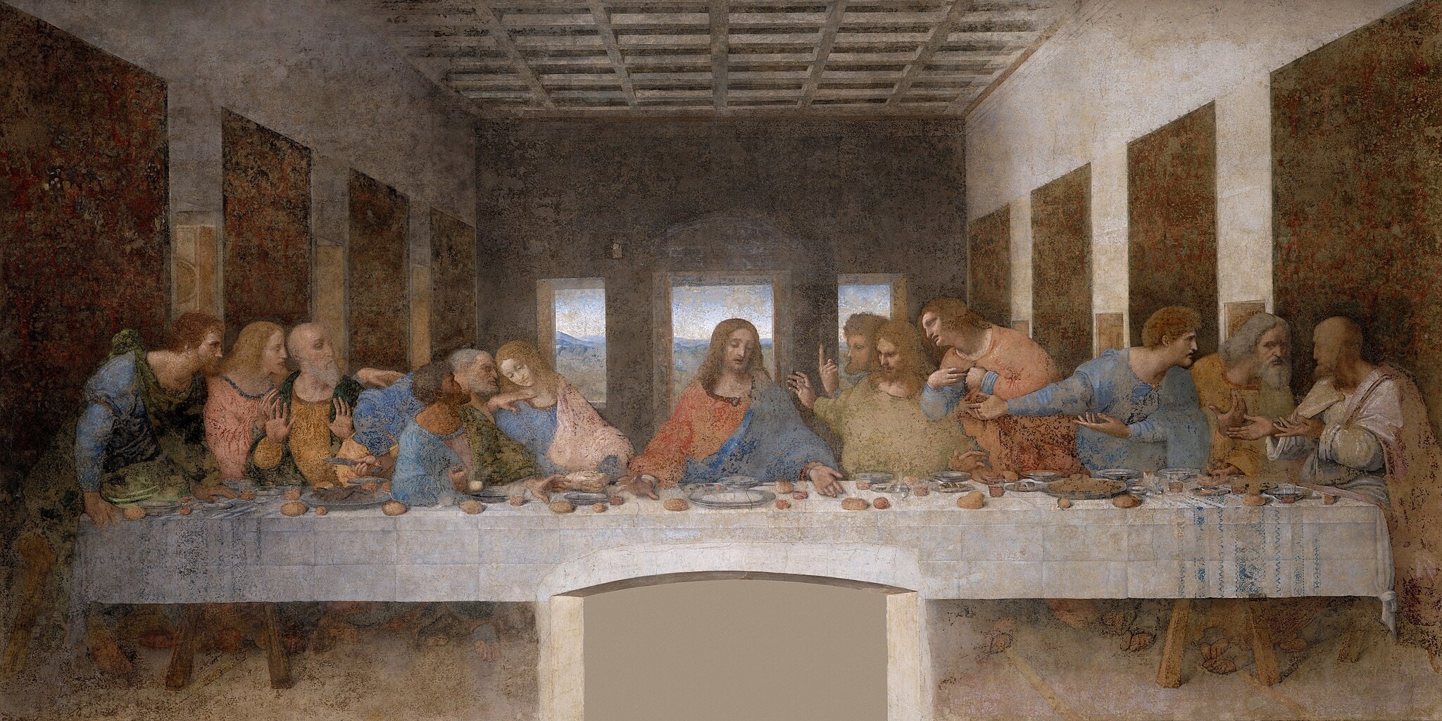 Click numbered symbols to learn about their meaning The Last Supper by Leonardo da Vinci (1495–1498) featuring Central light and vanishing point, Christ’s triangular pose, Bread and wine, Judas’s purse