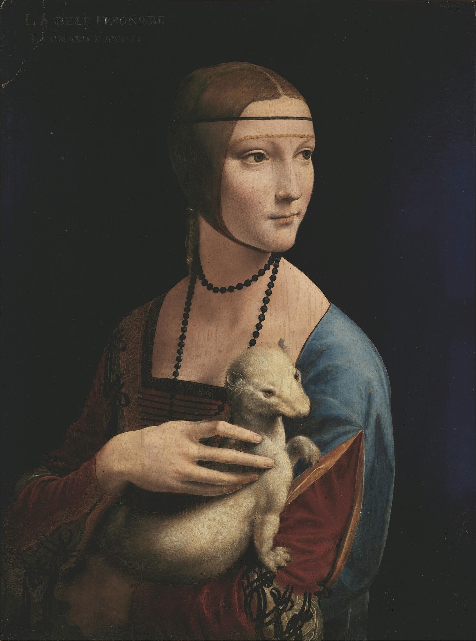 Click numbered symbols to learn about their meaning Lady with an Ermine by Leonardo da Vinci (c. 1489–1491) featuring Ermine, Disciplined Hands, Black Bead Necklace, Pyramidal Spiral Pose