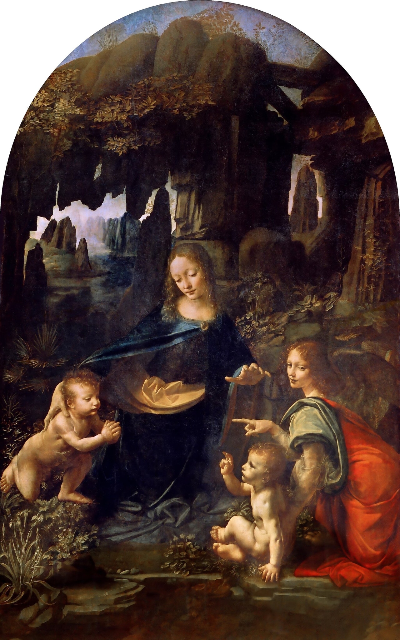 Click numbered symbols to learn about their meaning Virgin of the Rocks by Leonardo da Vinci (c. 1483–1494) featuring Grotto / cave, Flowing water / pool, Angel’s pointing hand and outward gaze, Mary’s protective and blessing hands