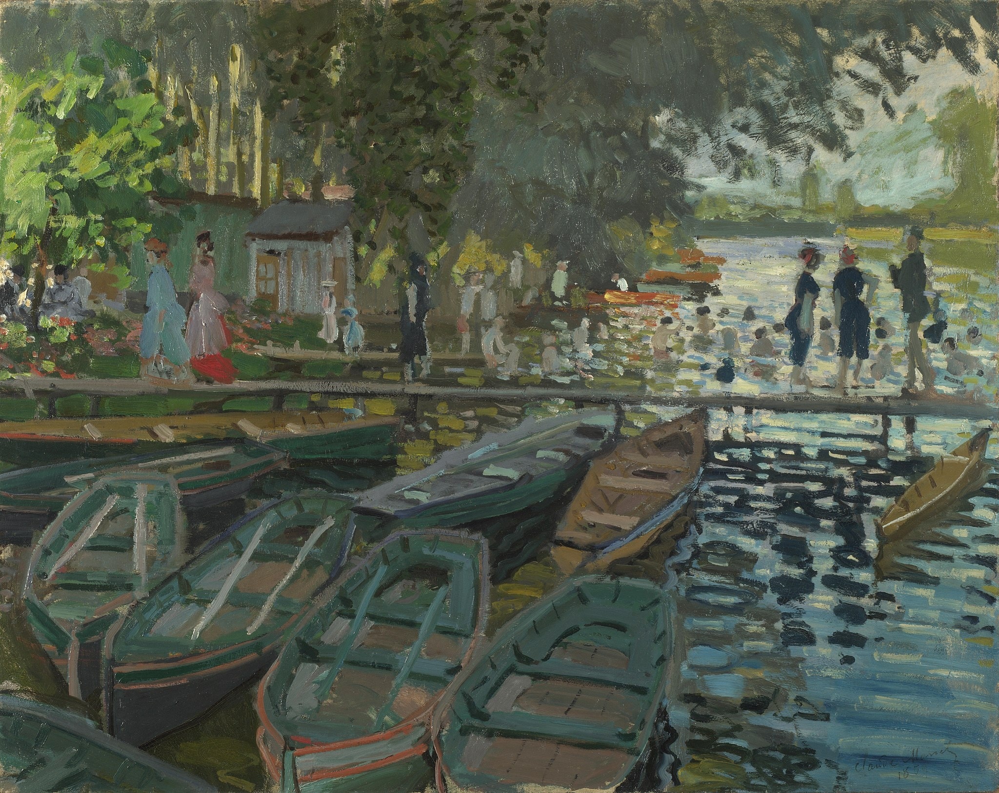 Click numbered symbols to learn about their meaning Bathers at La Grenouillère by Claude Monet (1869) featuring Moored rowboats, Narrow footbridge/pier, Bathers in the inlet, Dappled water reflections