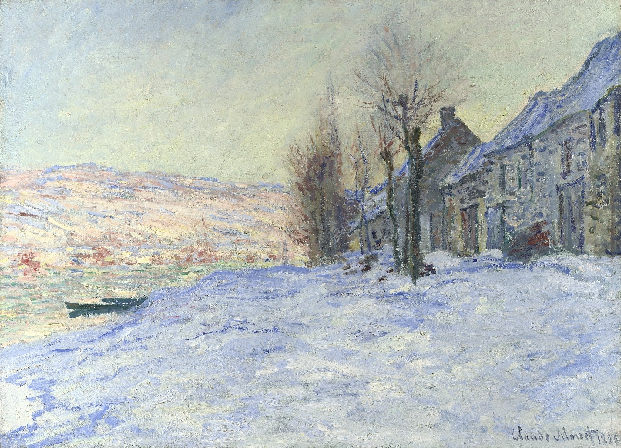 Click numbered symbols to learn about their meaning Lavacourt under Snow by Claude Monet (about 1878–81 (probably winter 1879–80; signed 1881)) featuring Leafless trees, Riverside cottages, Moored dark boat