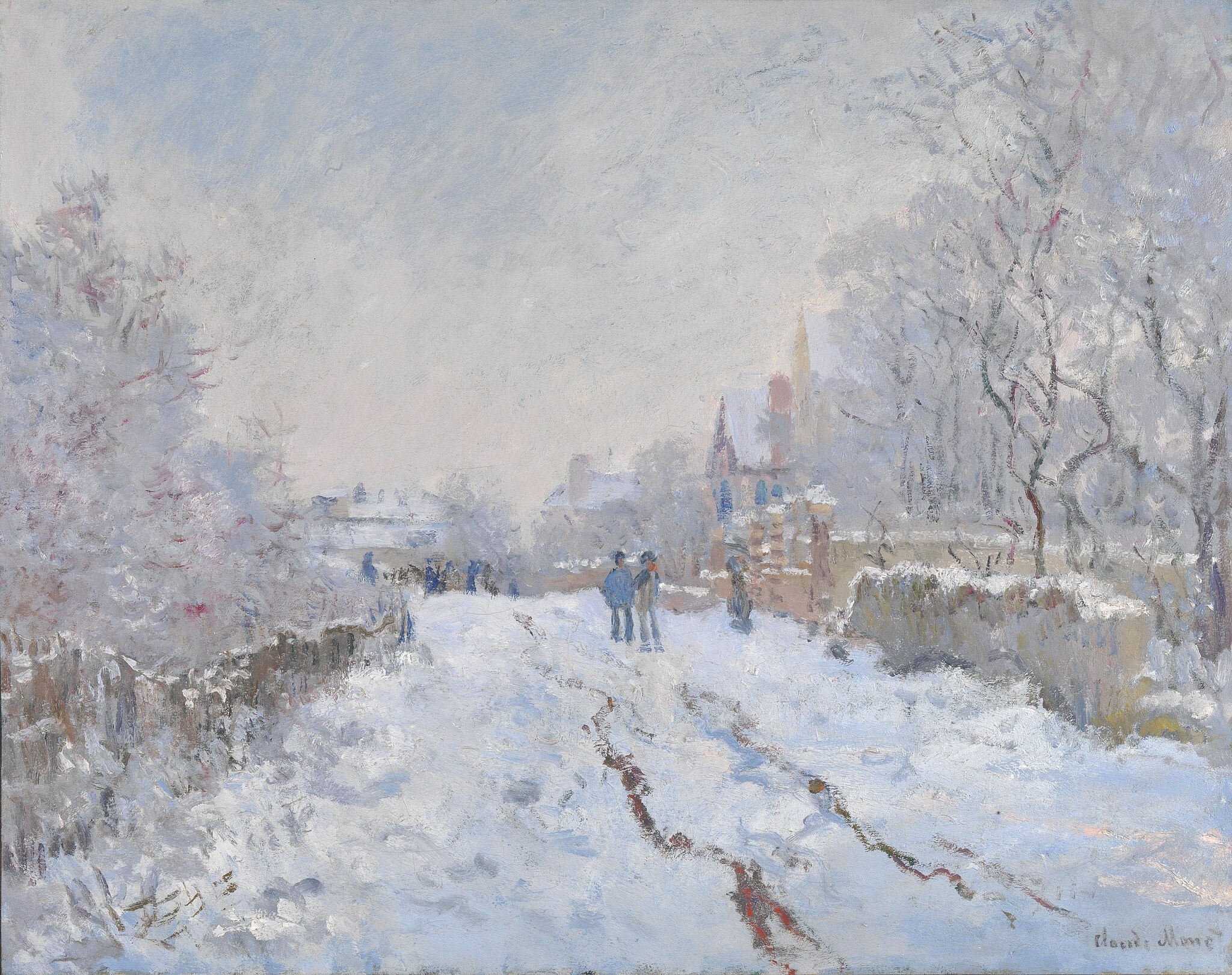Click numbered symbols to learn about their meaning Snow Scene at Argenteuil by Claude Monet (1875) featuring Sinuous wheel-ruts, Veiled church spire, Frosted trees with violet/rose tints