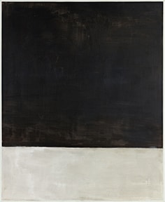 Click numbered symbols to learn about their meaning Untitled (Black on Grey) by Mark Rothko (1969–1970) featuring Upper black field, Lower grey band, Feathered seam (threshold), Narrow white border