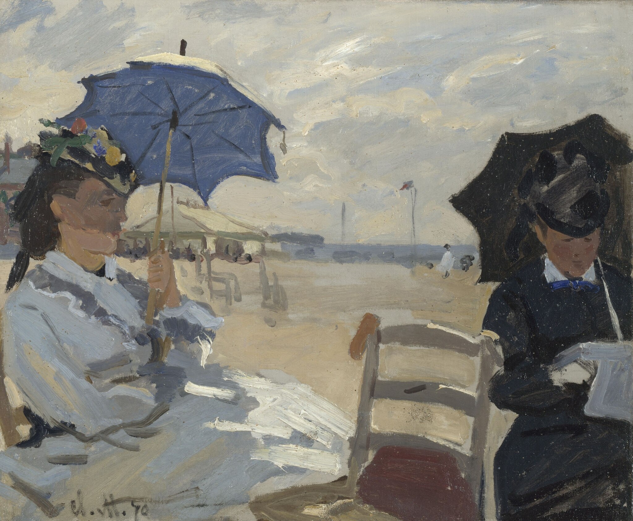 Click numbered symbols to learn about their meaning The Beach at Trouville by Claude Monet (1870) featuring Blue parasol, Black parasol, Newspaper, Child’s shoe