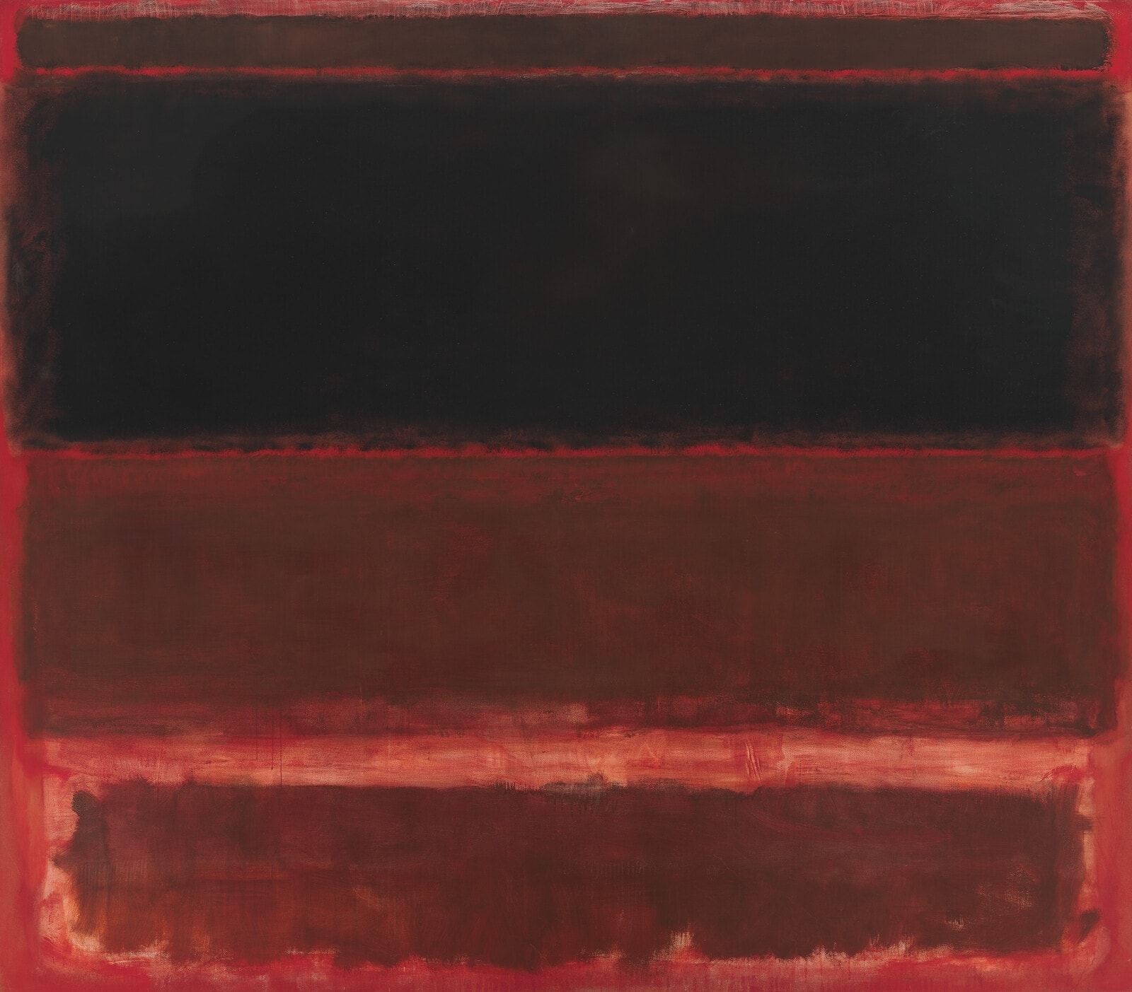 Click numbered symbols to learn about their meaning Four Darks in Red by Mark Rothko (1958) featuring Hovering dark bands (rectangles), Incandescent borders (feathered edges), Smoldering red field (enclosing ground), Pressing black mass (reversal of gravity)
