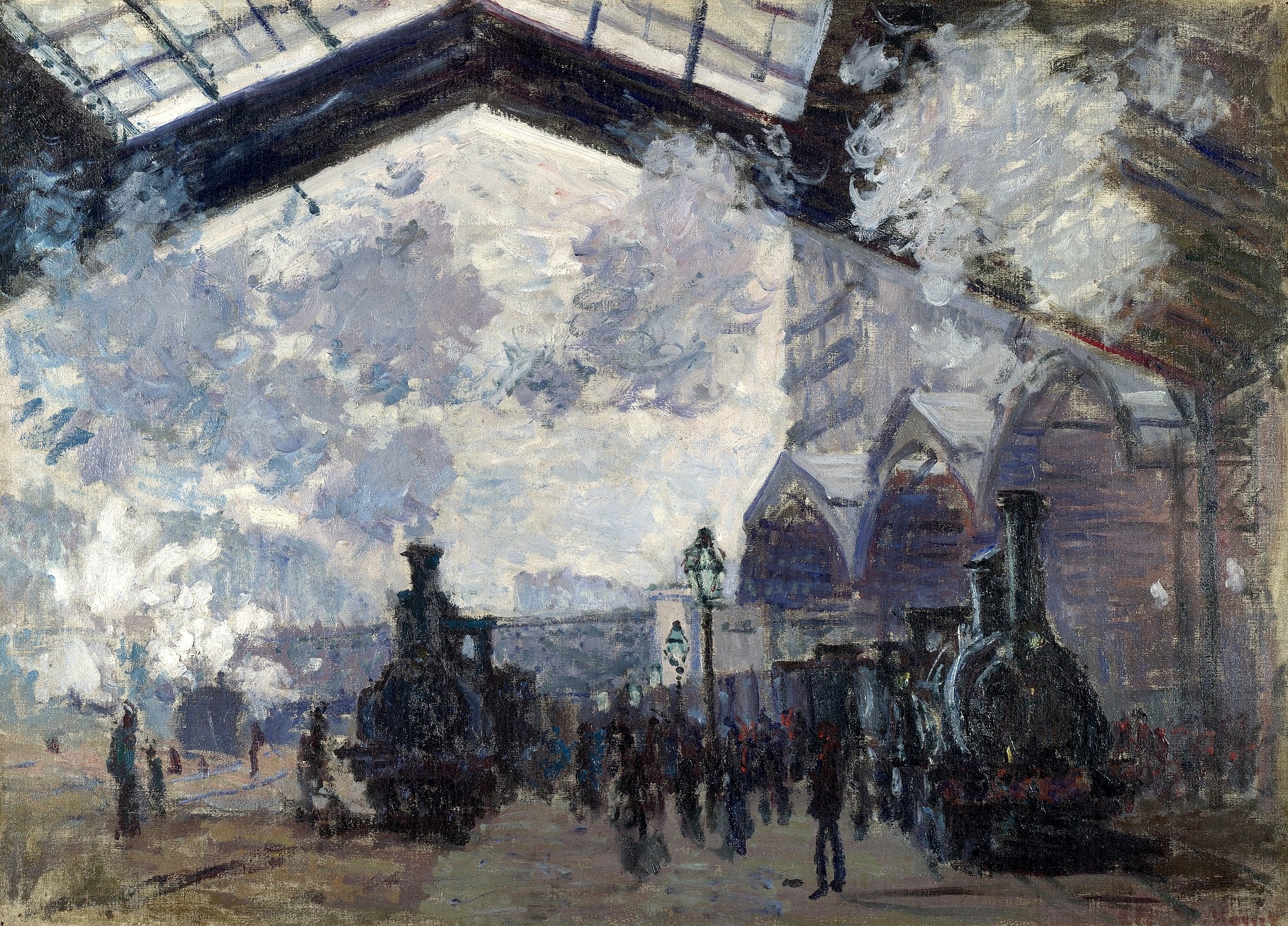 Click numbered symbols to learn about their meaning The Gare St-Lazare by Claude Monet (1877) featuring Iron-and-glass canopy, Steam clouds, Locomotive silhouettes, Pont de l’Europe (horizontal bridge)